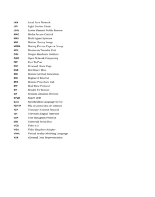 LAN Local Area Network
LED Light Emitter Diode
LGPL Lesser General Public License
MAC Media Access Control
MAS Multi-Agent Systems
MHI Motion History Image
MPEG Moving Picture Experts Group
MTU Maximum Transfer Unit
OGI Oregon Graduate Institute
ONC Open Network Computing
P2P Peer To Peer
PHP Personal Home Page
RGB Red Green Blue
RMI Remote Method Invocation
ROI Region Of Interest
RPC Remote Procedure Call
RTP Real Time Protocol
RTT Render To Texture
SIP Session Initiation Protocol
SVCD Super VCD
SLICE Speciﬁcation Language for Ice
TCP/IP Pila de protocolos de Internet
TCP Transport Control Protocol
TDT Televisión Digital Terrestre
UDP User Datagram Protocol
USB Universal Serial Bus
VCD Video CD
VGA Video Graphics Adapter
VRML Virtual Reality Modeling Language
XDR eXternal Data Representation
 