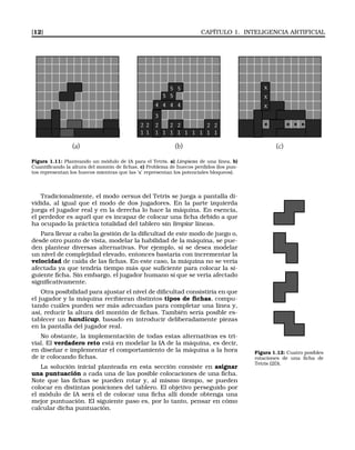 [12] CAPÍTULO 1. INTELIGENCIA ARTIFICIAL
1 1 1 1 1 1 1 1 1 1 1
2 2 2 2 2 22
3
4 4 4 4
5 5
5 5
· · · ·
(a) (b) (c)
x
x
x
Figura 1.11: Planteando un módulo de IA para el Tetris. a) Limpieza de una línea, b)
Cuantiﬁcando la altura del montón de ﬁchas, c) Problema de huecos perdidos (los pun-
tos representan los huecos mientras que las ’x’ representan los potenciales bloqueos).
Tradicionalmente, el modo versus del Tetris se juega a pantalla di-
vidida, al igual que el modo de dos jugadores. En la parte izquierda
juega el jugador real y en la derecha lo hace la máquina. En esencia,
el perdedor es aquél que es incapaz de colocar una ﬁcha debido a que
ha ocupado la práctica totalidad del tablero sin limpiar líneas.
Para llevar a cabo la gestión de la diﬁcultad de este modo de juego o,
desde otro punto de vista, modelar la habilidad de la máquina, se pue-
den plantear diversas alternativas. Por ejemplo, si se desea modelar
un nivel de complejidad elevado, entonces bastaría con incrementar la
velocidad de caída de las ﬁchas. En este caso, la máquina no se vería
afectada ya que tendría tiempo más que suﬁciente para colocar la si-
guiente ﬁcha. Sin embargo, el jugador humano sí que se vería afectado
signiﬁcativamente.
Otra posibilidad para ajustar el nivel de diﬁcultad consistiría en que
el jugador y la máquina recibieran distintos tipos de ﬁchas, compu-
tando cuáles pueden ser más adecuadas para completar una línea y,
así, reducir la altura del montón de ﬁchas. También sería posible es-
tablecer un handicap, basado en introducir deliberadamente piezas
en la pantalla del jugador real.
Figura 1.12: Cuatro posibles
rotaciones de una ﬁcha de
Tetris (2D).
No obstante, la implementación de todas estas alternativas es tri-
vial. El verdadero reto está en modelar la IA de la máquina, es decir,
en diseñar e implementar el comportamiento de la máquina a la hora
de ir colocando ﬁchas.
La solución inicial planteada en esta sección consiste en asignar
una puntuación a cada una de las posible colocaciones de una ﬁcha.
Note que las ﬁchas se pueden rotar y, al mismo tiempo, se pueden
colocar en distintas posiciones del tablero. El objetivo perseguido por
el módulo de IA será el de colocar una ﬁcha allí donde obtenga una
mejor puntuación. El siguiente paso es, por lo tanto, pensar en cómo
calcular dicha puntuación.
 