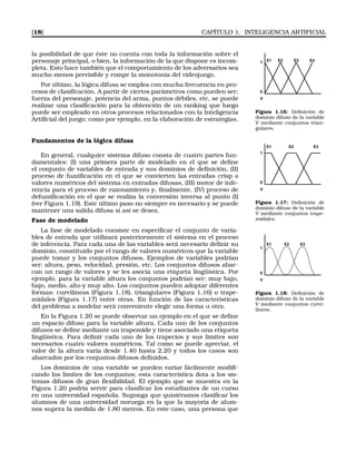 [18] CAPÍTULO 1. INTELIGENCIA ARTIFICIAL
la posibilidad de que éste no cuenta con toda la información sobre el
personaje principal, o bien, la información de la que dispone es incom-
pleta. Esto hace también que el comportamiento de los adversarios sea
mucho menos previsible y rompe la monotonía del videojuego.
V
E1 E2 E3 E41
0
Figura 1.16: Deﬁnición de
dominio difuso de la variable
V mediante conjuntos trian-
gulares.
V
E1 E2 E3
1
0
Figura 1.17: Deﬁnición de
dominio difuso de la variable
V mediante conjuntos trape-
zoidales.
V
E1 E2 E3
1
0
Figura 1.18: Deﬁnición de
dominio difuso de la variable
V mediante conjuntos curvi-
líneos.
Por último, la lógica difusa se emplea con mucha frecuencia en pro-
cesos de clasiﬁcación. A partir de ciertos parámetros como pueden ser:
fuerza del personaje, potencia del arma, puntos débiles, etc, se puede
realizar una clasiﬁcación para la obtención de un ranking que luego
puede ser empleado en otros procesos relacionados con la Inteligencia
Artiﬁcial del juego; como por ejemplo, en la elaboración de estrategias.
Fundamentos de la lógica difusa
En general, cualquier sistema difuso consta de cuatro partes fun-
damentales: (I) una primera parte de modelado en el que se deﬁne
el conjunto de variables de entrada y sus dominios de deﬁnición, (II)
proceso de fuzziﬁcación en el que se convierten las entradas crisp o
valores numéricos del sistema en entradas difusas, (III) motor de infe-
rencia para el proceso de razonamiento y, ﬁnalmente, (IV) proceso de
defuzziﬁcación en el que se realiza la conversión inversa al punto (I)
(ver Figura 1.19). Este último paso no siempre es necesario y se puede
mantener una salida difusa si así se desea.
Fase de modelado
La fase de modelado consiste en especiﬁcar el conjunto de varia-
bles de entrada que utilizará posteriormente el sistema en el proceso
de inferencia. Para cada una de las variables será necesario deﬁnir su
dominio, constituido por el rango de valores numéricos que la variable
puede tomar y los conjuntos difusos. Ejemplos de variables podrían
ser: altura, peso, velocidad, presión, etc. Los conjuntos difusos abar-
can un rango de valores y se les asocia una etiqueta lingüística. Por
ejemplo, para la variable altura los conjuntos podrían ser: muy bajo,
bajo, medio, alto y muy alto. Los conjuntos pueden adoptar diferentes
formas: curvilíneas (Figura 1.18), triangulares (Figura 1.16) o trape-
zoidales (Figura 1.17) entre otras. En función de las características
del problema a modelar será conveniente elegir una forma u otra.
En la Figura 1.20 se puede observar un ejemplo en el que se deﬁne
un espacio difuso para la variable altura. Cada uno de los conjuntos
difusos se deﬁne mediante un trapezoide y tiene asociado una etiqueta
lingüística. Para deﬁnir cada uno de los trapecios y sus límites son
necesarios cuatro valores numéricos. Tal como se puede apreciar, el
valor de la altura varía desde 1.40 hasta 2.20 y todos los casos son
abarcados por los conjuntos difusos deﬁnidos.
Los dominios de una variable se pueden variar fácilmente modiﬁ-
cando los límites de los conjuntos; esta característica dota a los sis-
temas difusos de gran ﬂexibilidad. El ejemplo que se muestra en la
Figura 1.20 podría servir para clasiﬁcar los estudiantes de un curso
en una universidad española. Suponga que quisiéramos clasiﬁcar los
alumnos de una universidad noruega en la que la mayoría de alum-
nos supera la medida de 1.80 metros. En este caso, una persona que
 