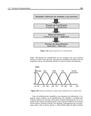 1.2. Técnicas Fundamentales [19]
Modelado: Definición de variables y sus dominios
Proceso de Fuzzificación
Entrada crisp → Entrada difusa
Motor de inferencia
Proceso de inferencia → Salida difusa
Proceso de defuzzificación
Salida difusa → Salida crisp
Figura 1.19: Esquema general de un sistema difuso.
mida 1.80 puede ser considerado en ese contexto con una estatura
media y no alta. Para tal caso, bastaría con modiﬁcar los límites de los
conjuntos sin la necesidad de alterar el resto de partes del sistema.
Altura
Muy bajo bajo medio alto muy alto
1
0
1.40 1.45 1.55 1.60 1.65 1.70 1.75 1.80 1.85 2.20
Figura 1.20: Dominio de deﬁnición o espacio difuso deﬁnido para la variable altura.
Una vez deﬁnidas las variables y sus dominios de deﬁnición, el si-
guiente paso consiste en la fuzziﬁcación de variables a medida que
reciban valores de entrada. Este paso consiste básicamente en el es-
tudio de los valores de pertenencia a los conjuntos difusos en función
de los valores crisp de entrada. Por ejemplo, supongamos que una per-
sona mide 1.64, es decir, altura = 1.64. Dicho valor de altura estaría
 