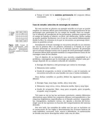 1.2. Técnicas Fundamentales [25]
Tomar el valor de la máxima pertenencia del conjunto difuso
conclusión:
z0 = m´ax
z
µc(z)
Caso de estudio: selección de estrategia de combate
En esta sección se plantea un ejemplo sencillo en el que se puede
emplear un sistema difuso para determinar el comportamientos de los
personajes que participan en un campo de batalla. Para no compli-
car el sistema de navegación de los personajes, podemos suponer que
el campo de batalla es abierto, es decir, sin obstáculos. Dicho campo
se puede modelar fácilmente con el uso de una matriz bidimensional,
donde la ﬁla y la columna en la que se encuentra un personaje deter-
mina su posición actual.
E E
E
E
J
A A A
E - Enemigo
J - Jugador
A - Aliado
Figura 1.24: Campo de
batalla representado como
una matriz bidimensional.
Elementos participantes:
Enemigos, aliados y el propio
jugador.
Inicialmente el frente enemigo se encuentra situado en un extremo
(ya sea la primera ﬁla o la primera columna) y el bando en el que
nuestro personaje se encuentra en el extremo opuesto. El personaje
que el usuario maneja cuenta con el apoyo de otros personajes aliados;
el sistema difuso debe permitir modelar el comportamiento tanto de los
enemigos como de los aliados.
Con el objetivo de no introducir una excesiva complejidad en el
problema, supongamos que la estrategia que puede adoptar cada per-
sonaje depende de un número reducido de variables:
Energía del objetivo y del personaje que valora la estrategia
Distancia entre ambos
Grado de ocupación, es decir, si está libre o, por el contrario, se
encuentra envuelto en una batalla con una o varias entidades.
Para dichas variables se pueden deﬁnir los siguientes conjuntos
difusos:
Energía: baja, muy baja, media, alta y muy alta.
Distancia: muy cerca, cerca, distancia media, lejos y muy lejos
Grado de ocupación: libre, muy poco ocupado, poco ocupado,
ocupado, muy ocupado.
Tal como se vio en las las secciones anteriores, existen diferentes
alternativas para deﬁnir los conjuntos difusos correspondientes a las
etiquetas lingüísticas especiﬁcadas en el listado anterior: trapezoida-
les, triangulares, mediante curvas, etc. Queda a elección del lector,
elegir una de las opciones en función del comportamiento del sistema
deseado.
Por otro lado, las variables de salida son las que se incluirán en
el consecuente de las reglas y determinarán las acciones básicas de
cada individuo: acercarse, huir, atacar y defenderse. A continuación
se detalla una breve descripción sobre cada una de ellas:
 