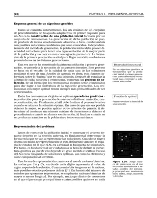 [28] CAPÍTULO 1. INTELIGENCIA ARTIFICIAL
Esquema general de un algoritmo genético
Como se comentó anteriormente, los AG constan de un conjunto
de procedimientos de búsqueda adaptativos. El primer requisito para
un AG es la constitución de una población inicial formada por un
conjunto de cromosomas. La generación de dicha población se pue-
de producir de forma absolutamente aleatoria, o bien, combinándola
con posibles soluciones candidatas que sean conocidas. Independien-
temente del método de generación, la población inicial debe poseer di-
versidad estructural para tener una representación de la mayor parte
de la población y no caer en una convergencia prematura. La forma-
ción de la primera generación es vital para llegar con éxito a soluciones
prometedoras en las futuras generaciones.
Diversidad Estructural
En un algoritmo genético es
fundamental que la pobla-
ción inicial o primera genera-
ción posea diversidad estruc-
tural para converger a solu-
ciones adecuadas
Una vez que se ha constituido la primera población o primera gene-
ración, se procede a la ejecución de un proceso iterativo. Este proceso
se basa en el estudio de la calidad de cada una de las soluciones
mediante el uso de una función de aptitud; es decir, esta función in-
formará sobre lo “buena” que es una solución. Después de estudiar la
aptitud de cada solución o cromosoma, comienza un proceso de se-
lección, de tal forma que los cromosomas elegidos serán combinados
para dar lugar a los individuos de la siguiente generación. Los cro-
mosomas con mejor aptitud tienen siempre más probabilidades de ser
seleccionados.
Función de aptitud
Permite evaluar la bondad de
una solución
Entre los cromosomas elegidos se aplican operadores genéticos -
reproducción para la generación de nuevos individuos: mutación, cru-
ce, evaluación, etc. Finalmente, el AG debe ﬁnalizar el proceso iterativo
cuando se alcance la solución óptima. En caso de que no sea posible
obtener la mejor, se pueden aplicar otros criterios de parada: i) de-
terminar al comienzo un número máximo de iteraciones y detener el
procedimiento cuando se alcance esa iteración, ii) ﬁnalizar cuando no
se produzcan cambios en la población o éstos sean mínimos.
Representación del problema
Antes de constituir la población inicial y comenzar el proceso ite-
rativo descrito en la sección anterior, es fundamental determinar la
forma en la que se van a representar las soluciones. Cuando se elige o
diseña un modo de representación se está deﬁniendo también el espa-
cio de estados en el que el AG va a realizar la búsqueda de soluciones.
Por tanto, es fundamental ser cuidadoso a la hora de deﬁnir la estruc-
tura genética ya que de ello depende en gran medida el éxito o fracaso
del AG en la búsqueda de soluciones óptimas, así como la eﬁciencia y
coste computacional invertido.
Figura 1.28: Juego clási-
co de comecocos en el que
los cuatro movimientos o es-
tados posibles del persona-
je principal son: movimiento
hacia arriba, abajo, izquierda
y derecha
Una forma de representación común es el uso de cadenas binarias,
formadas por 1’s y 0’s, en donde cada dígito representa el valor de
algún aspecto de la solución. Cuantos más bits tengamos en la cadena,
más posibles estados podremos deﬁnir (2n
). En función del número de
estados que queramos representar, se emplearán cadenas binarias de
mayor o menor longitud. Por ejemplo, un juego clásico de comecocos
en el que el personaje principal tiene cuatro posibles opciones en cada
 