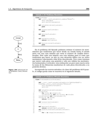 1.3. Algoritmos de búsqueda [59]
Listado 1.16: Problema Heurística
1 class Problema:
2 def __init__(self,estadoInit,nombre=NoDef):
3 self.id=nombre
4 self.estInit=estadoInit
5
6 def estadoValido(self,estado):
7 pass
8
9 def sucesor(self,estado):
10 pass
11
12 def meta(self,estado):
13 pass
14
15 def estadoInit(self):
16 return self.estInit
17
18 def heuristica(self,estado):
19 pass
En el problema del 8puzzle podemos estimar el número de movi-
mientos que tendremos que hacer desde un estado hasta el estado
meta con una cota mínima que sería el número de casillas desco-
locadas. Este valor nos impone una cota mínima para el coste que
tendremos que hacer, ya que en una situación idílica con un único
movimiento colocásemos cada ﬁcha descolocada. Pero como tenemos
que mover cada pieza una posición y sólo son válidos los movimien-
tos horizontales y verticales, otra estimación un poco más exacta sería
la suma de las distancias manhattan de cada pieza descolocada a su
posición destino.
Inicial
n
C(n)
Meta
H(n)
Figura 1.59: Información de
un problema: Costo y Heurís-
tica
Incorporado los nuevos métodos a la clase del problema del 8 puzz-
le, el código queda como se muestra en el siguiente listado.
Listado 1.17: Problema 8Puzzle Heurística
1 class Problema8Puzzle(Problema):
2
3 def __init__(self,estadoI,estadoFin,h=’DESCOLOCADAS’):
4 Problema.__init__(self,estadoI,8Puzzle)
5 self.estadoFin=estadoFin
6 self.h=h
7
8 def estadoValido(self,estado):
9 valido=True
10 for ficha in range(1,9):
11 valido=valido and (str(ficha) in estado)
12 valido=valido and (len(estado)==9)
13 valido=’B’ in estado
14 return valido
15
16 def sucesor(self,estado):
17 ................
18
19 def meta(self,estado):
20 return estado==self.estadoFin
21 def posDistintas(self,estado1,estado2):
22 n=0
23 for i in range(len(estado1)):
 