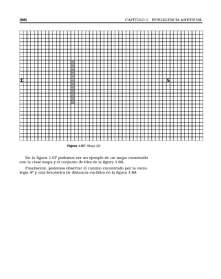 [68] CAPÍTULO 1. INTELIGENCIA ARTIFICIAL
Figura 1.67: Mapa 2D
En la ﬁgura 1.67 podemos ver un ejemplo de un mapa construido
con la clase mapa y el conjunto de tiles de la ﬁgura 1.66.
Finalmente, podemos observar el camino encontrado por la estra-
tegia A* y una heurística de distancia euclídea en la ﬁgura 1.68
 