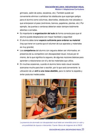 EDUCACIÓN INCLUSIVA. DISCAPACIDAD VISUAL
Módulo 4: Adaptaciones Curriculares
EDUCACIÓN INCLUSIVA. DISCAPACIDAD VISUAL 20
gimnasio, salón de actos, escaleras, etc.) También puede ser
conveniente eliminar o señalizar los obstáculos que supongan peligro
para el alumno como columnas, desniveles, obstáculos mal ubicados o
que entorpecen el paso (extintores, bancos, papeleras, plantas, etc.) Por
ejemplo, las puertas o ventanas deberían estar siempre totalmente
abiertas o cerradas.
Es importante la organización del aula de forma correcta para que el
alumno pueda desplazarse con mayor facilidad y seguridad
El alumno debe tener espacio suficiente para ordenar su material
(hay que tener en cuenta que el volumen de sus aparatos y materiales
es muy grande)
Los compañeros del alumno con ceguera deben ser informados, en
presencia de su compañero con discapacidad visual, incluso por él
mismo, de lo que significa la ceguera, de algunas nociones básicas para
aprender a relacionarse con él y de los materiales que utiliza.
En muchas ocasiones, cuando el alumno tiene resto visual necesita
acercarse mucho para leer o escribir, por lo que será conveniente la
utilización de un atril o una mesa abatible, para no dañar la espalda y
evitar posturas inadecuadas.
La presencia de alumnado con discapacidad visual debe ser entendida como un valor y
una posibilidad de riqueza e intercambio. Fuente: Banco de imágenes de la ONCE
 