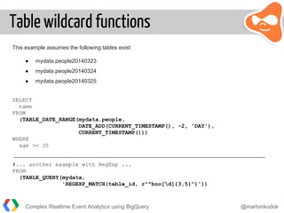 Table wildcard functions
This example assumes the following tables exist:
● mydata.people20140323
● mydata.people20140324
● mydata.people20140325
SELECT
name
FROM
(TABLE_DATE_RANGE(mydata.people,
DATE_ADD(CURRENT_TIMESTAMP(), -2, 'DAY'),
CURRENT_TIMESTAMP()))
WHERE
age >= 35
#... another example with RegExp ...
FROM
(TABLE_QUERY(mydata,
'REGEXP_MATCH(table_id, r"^boo[d]{3,5}")'))
Complex Realtime Event Analytics using BigQuery @martonkodok
 