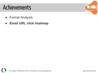 Achievements
● Funnel Analysis
● Email URL click heatmap
Complex Realtime Event Analytics using BigQuery @martonkodok
 