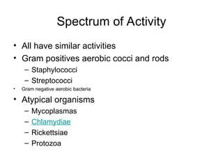 Spectrum of Activity
• All have similar activities
• Gram positives aerobic cocci and rods
– Staphylococci
– Streptococci
• Gram negative aerobic bacteria
• Atypical organisms
– Mycoplasmas
– Chlamydiae
– Rickettsiae
– Protozoa
 
