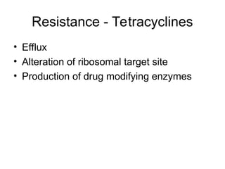 Resistance - Tetracyclines
• Efflux
• Alteration of ribosomal target site
• Production of drug modifying enzymes
 