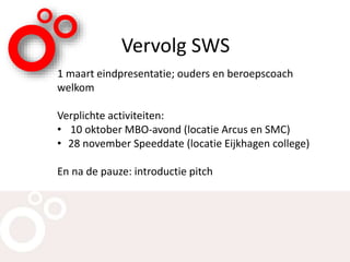 Vervolg SWS
1 maart eindpresentatie; ouders en beroepscoach
welkom
Verplichte activiteiten:
• 10 oktober MBO-avond (locatie Arcus en SMC)
• 28 november Speeddate (locatie Eijkhagen college)
En na de pauze: introductie pitch
 