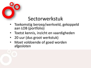 Sectorwerkstuk
• Toekomstig beroep/werkveld, gekoppeld
aan LOB (portfolio)
• Toetst kennis, inzicht en vaardigheden
• 20 uur (dus groot werkstuk)
• Moet voldoende of goed worden
afgesloten
 