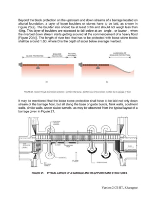 Beyond the block protection on the upstream and down streams of a barrage located on
alluvial foundation, a layer of loose boulders or stones have to be laid, as shown in
Figure 20(a). The boulder size should be at least 0.3m and should not weigh less than
40kg. This layer of boulders are expected to fall below at an angle , or launch , when
the riverbed down stream starts getting scoured at the commencement of a heavy flood
[Figure 20(b)]. The length of river bed that has to be protected with loose stone blocks
shall be around 1.5D, where D is the depth of scour below average riverbed.
It may be mentioned that the loose stone protection shall have to be laid not only down
stream of the barrage floor, but all along the base of guide bunds, flank walls, abutment
walls, divide walls, under sluice tunnels, as may be observed from the typical layout of a
barrage given in Figure 21.
Version 2 CE IIT, Kharagpur
 