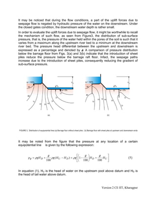 It may be noticed that during the flow conditions, a part of the uplift forces due to
seepage flow is negated by hydraulic pressure of the water on the downstream. Under
the closed gates condition, the downstream water depth is rather small.
In order to evaluate the uplift forces due to seepage flow, it might be worthwhile to recall
the mechanism of such flow, as seen from Figure3, the distribution of sub-surface
pressure, that is, the pressure of the water held within the pores of the soil is such that it
varies from a maximum along the upstream river bed to a minimum at the downstream
river bed. The pressure head differential between the upstream and downstream is
expressed as a percentage and denoted by φ. A comparison of pressure distribution
below the barrage floor from Figs. 3(a) and 3(b) indicate that the introduction of sheet
piles reduce the pressure below the barrage raft floor. Infact, the seepage paths
increase due to the introduction of sheet piles, consequently reducing the gradient of
sub-surface pressure.
It may be noted from the figure that the pressure at any location of a certain
equipotential line is given by the following expression:
⎥
⎦
⎤
⎢
⎣
⎡
+
⎟
⎠
⎞
⎜
⎝
⎛
−
=
−
+
= U
D
D
U
D H
H
g
H
H
g
gH
p
100
100
1
)
(
100
φ
φ
ρ
ρ
φ
ρ
φ (1)
In equation (1), HU is the head of water on the upstream pool above datum and HD is
the head of tail water above datum.
Version 2 CE IIT, Kharagpur
 