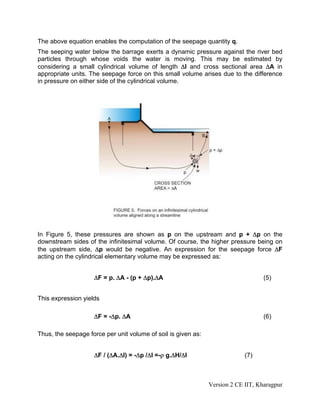 The above equation enables the computation of the seepage quantity q.
The seeping water below the barrage exerts a dynamic pressure against the river bed
particles through whose voids the water is moving. This may be estimated by
considering a small cylindrical volume of length Δl and cross sectional area ΔA in
appropriate units. The seepage force on this small volume arises due to the difference
in pressure on either side of the cylindrical volume.
In Figure 5, these pressures are shown as p on the upstream and p + Δp on the
downstream sides of the infinitesimal volume. Of course, the higher pressure being on
the upstream side, Δp would be negative. An expression for the seepage force ΔF
acting on the cylindrical elementary volume may be expressed as:
ΔF = p. ΔA - (p + Δp).ΔA (5)
This expression yields
ΔF = -Δp. ΔA (6)
Thus, the seepage force per unit volume of soil is given as:
ΔF / (ΔA.Δl) = -Δp /Δl =-ρ g.ΔH/Δl (7)
Version 2 CE IIT, Kharagpur
 