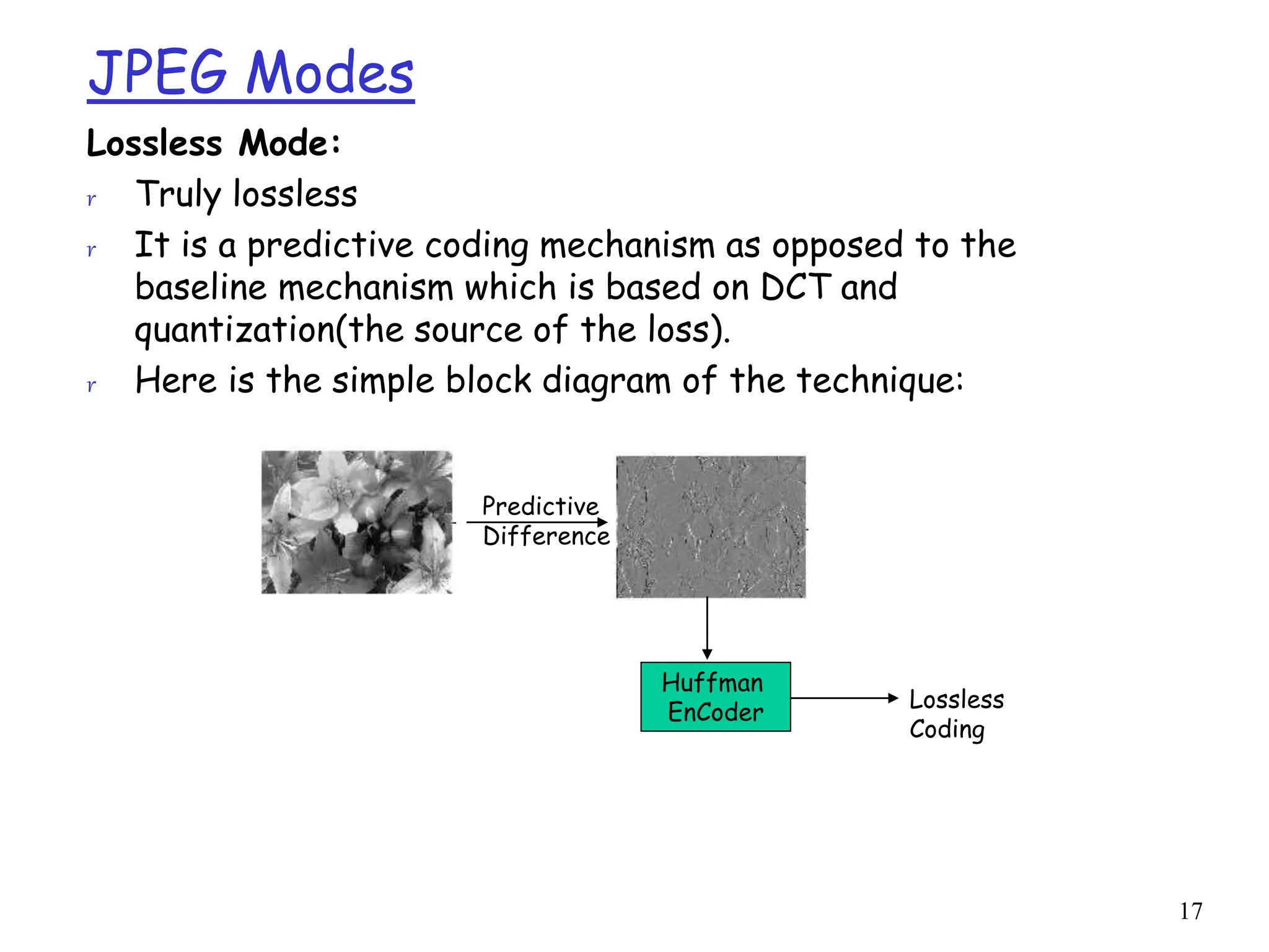 17
JPEG Modes
Lossless Mode:
r Truly lossless
r It is a predictive coding mechanism as opposed to the
baseline mechanism which is based on DCT and
quantization(the source of the loss).
r Here is the simple block diagram of the technique:
Predictive
Difference
Huffman
EnCoder
Lossless
Coding
 