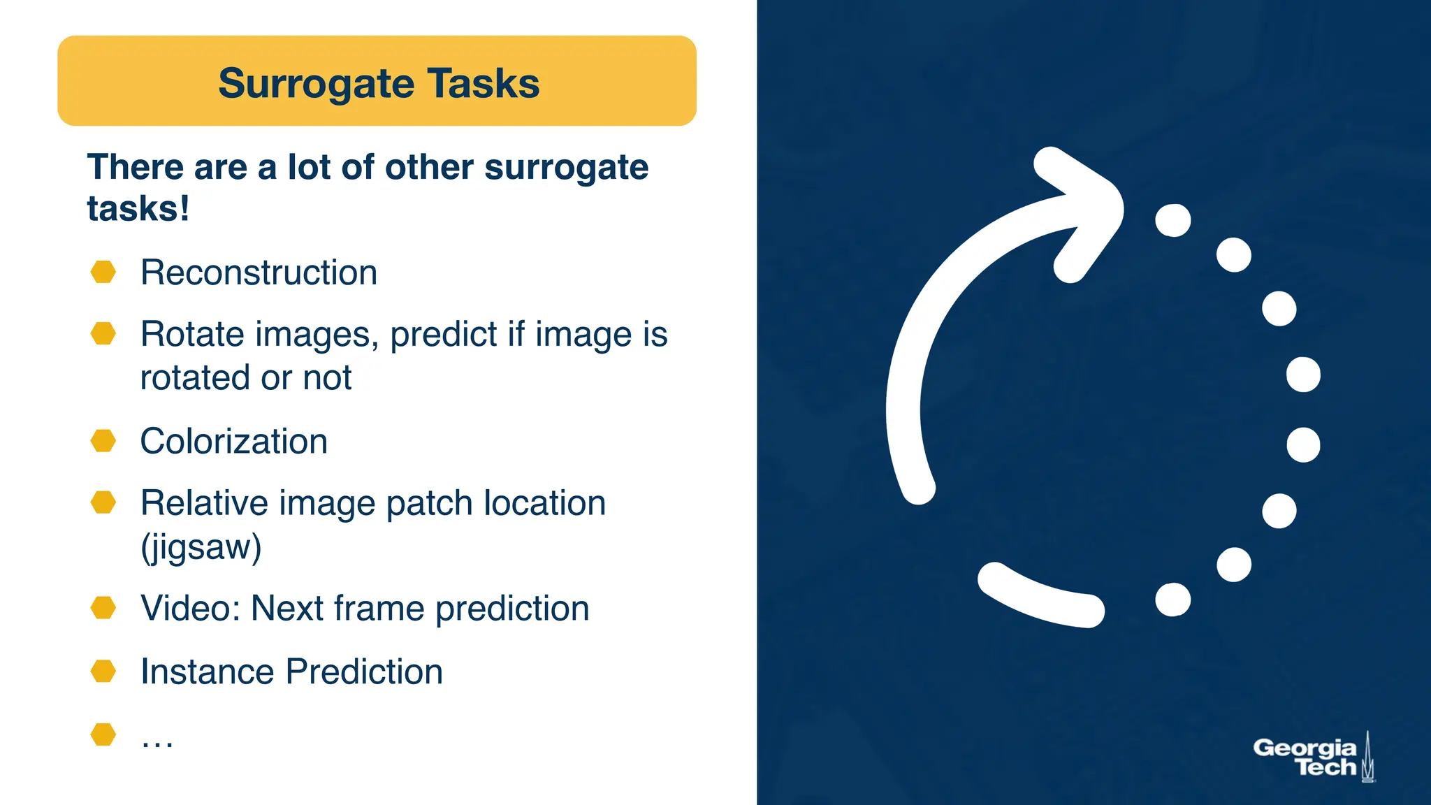 Surrogate Tasks
There are a lot of other surrogate
tasks!
⬣ Reconstruction
⬣ Rotate images, predict if image is
rotated or not
⬣ Colorization
⬣ Relative image patch location
(jigsaw)
⬣ Video: Next frame prediction
⬣ Instance Prediction
⬣ …
 