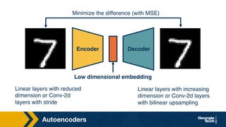 Autoencoders
Encoder Decoder
Low dimensional embedding
Minimize the difference (with MSE)
Linear layers with reduced
dimension or Conv-2d
layers with stride
Linear layers with increasing
dimension or Conv-2d layers
with bilinear upsampling
 