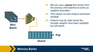 Memory Banks
⬣ We can use a queue that comes from
the previous mini-batches to serve as
negative examples
⬣ This means no extra feature extraction
needed!
⬣ Feature may be stale (since the
encoder weights have been updated)
but still works
Queue
Pop
Mini-
Batch
 