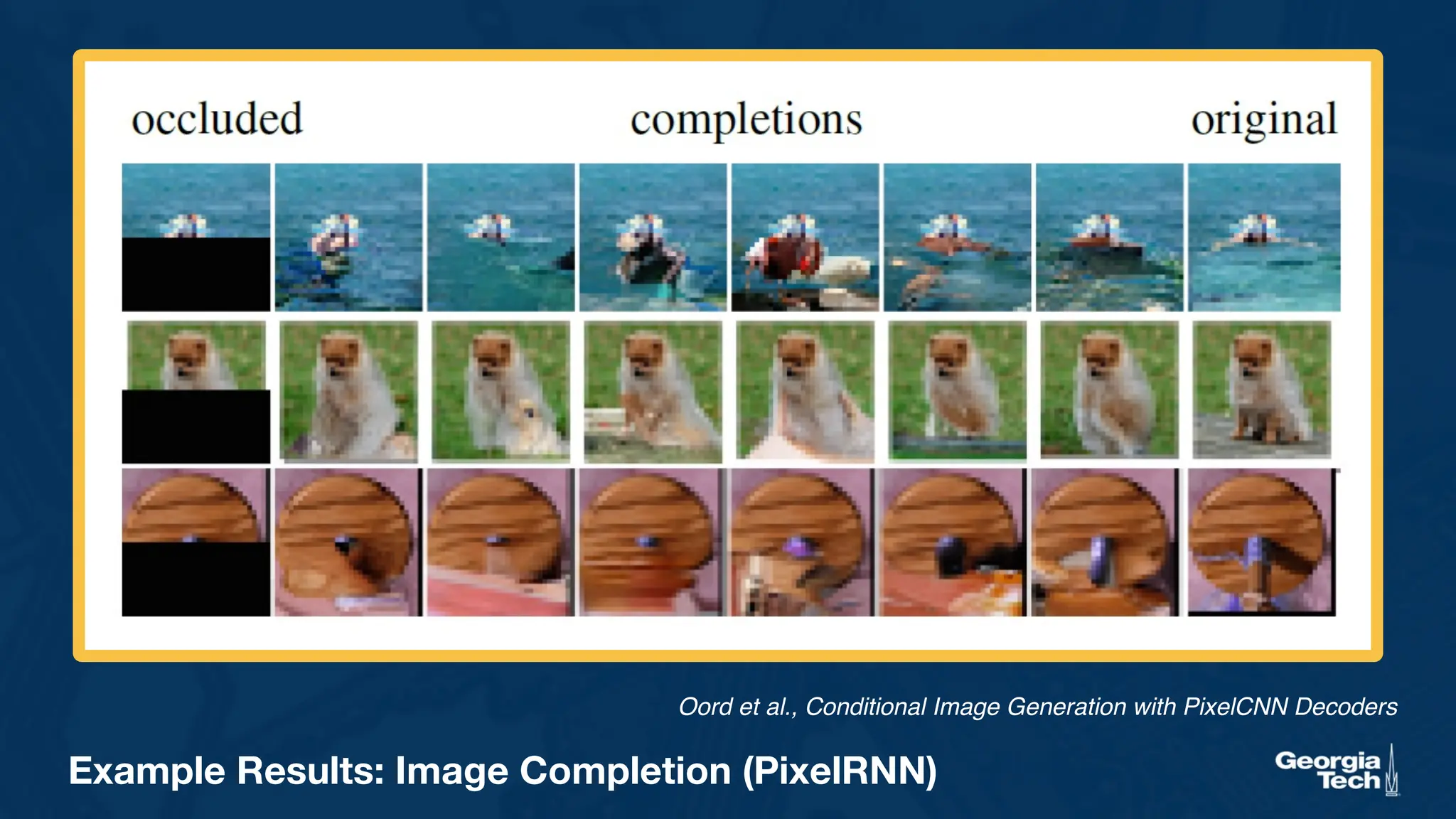 Example Results: Image Completion (PixelRNN)
Oord et al., Conditional Image Generation with PixelCNN Decoders
 