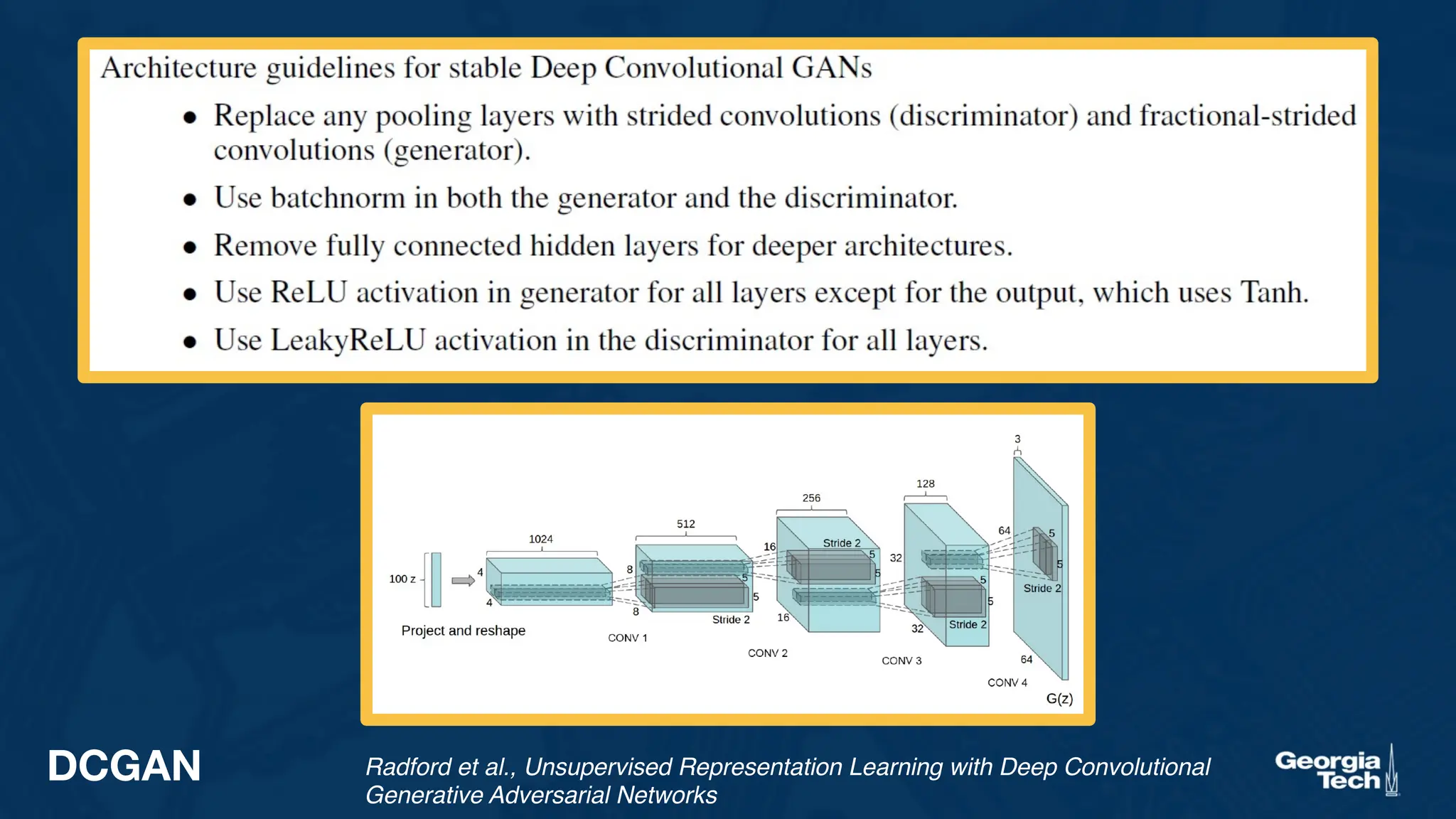DCGAN
Radford et al., Unsupervised Representation Learning with Deep Convolutional Generative Adversarial Networks
Radford et al., Unsupervised Representation Learning with Deep Convolutional
Generative Adversarial Networks
 