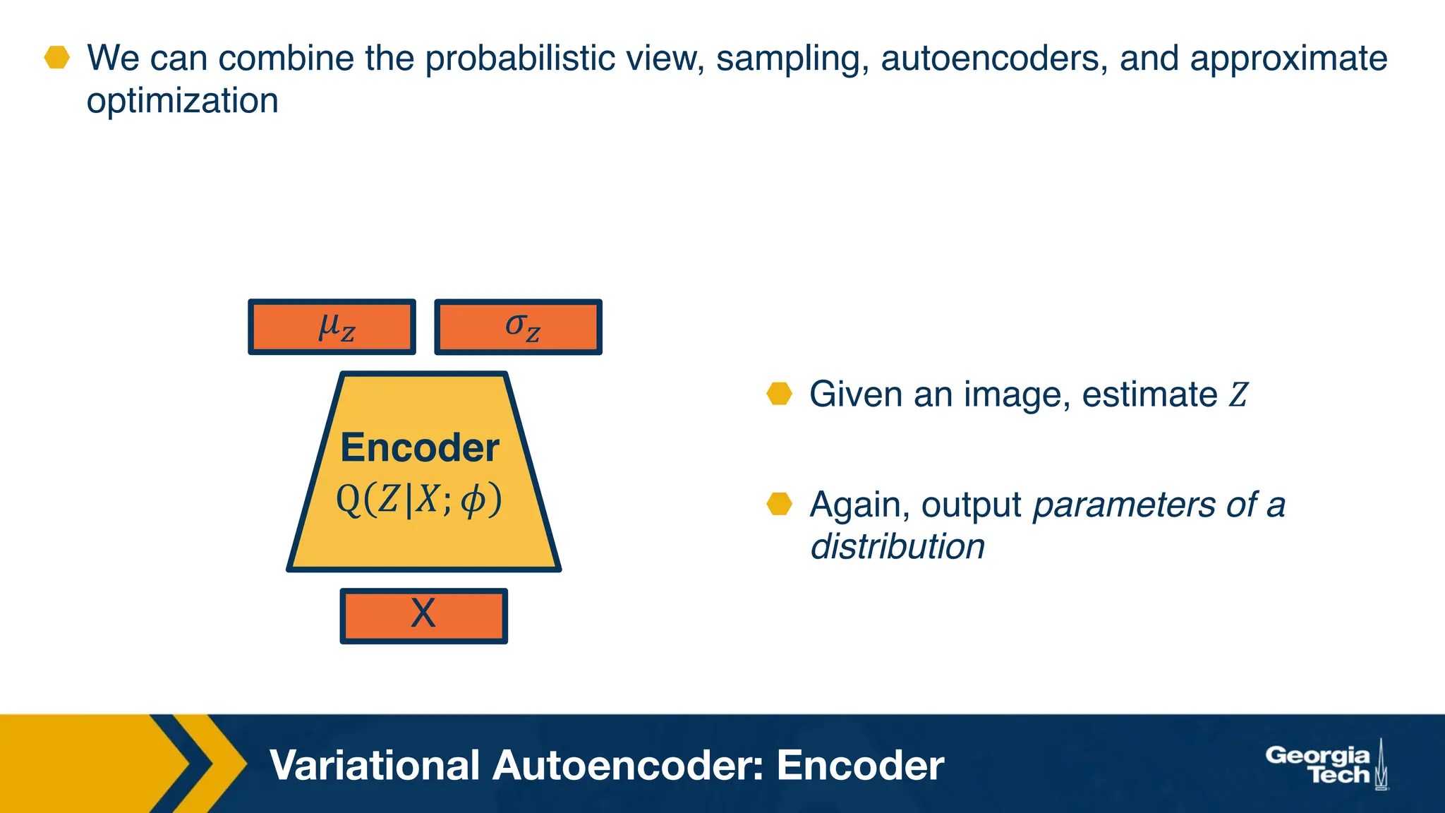 Variational Autoencoder: Encoder
⬣ We can combine the probabilistic view, sampling, autoencoders, and approximate
optimization
⬣ Given an image, estimate 𝑍
⬣ Again, output parameters of a
distribution
𝜇* 𝜎*
X
Encoder
Q 𝑍|𝑋; 𝜙
 
