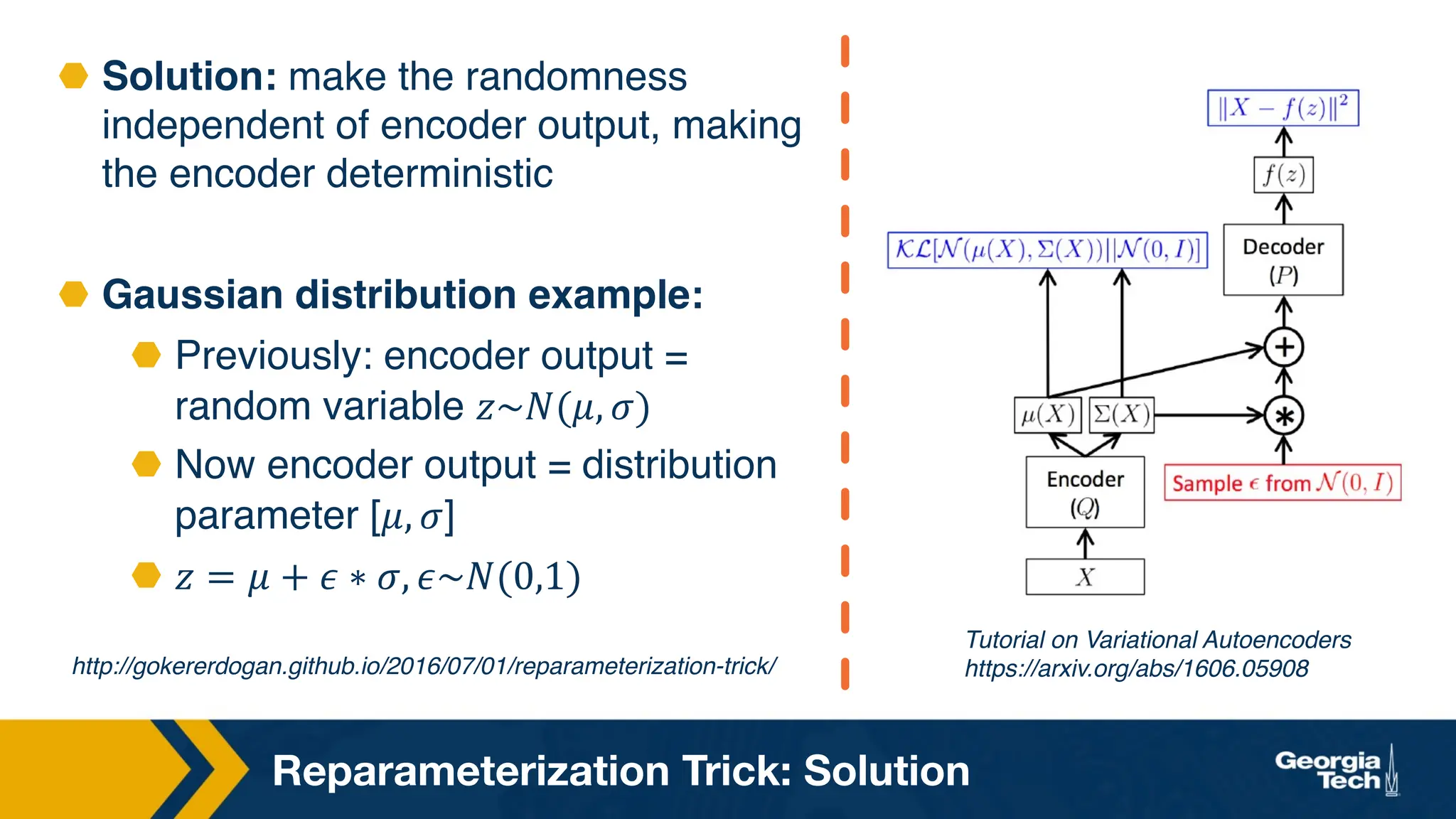 Reparameterization Trick: Solution
⬣ Solution: make the randomness
independent of encoder output, making
the encoder deterministic
⬣ Gaussian distribution example:
⬣ Previously: encoder output =
random variable 𝑧~𝑁(𝜇, 𝜎)
⬣ Now encoder output = distribution
parameter [𝜇, 𝜎]
⬣ 𝑧 = 𝜇 + 𝜖 ∗ 𝜎, 𝜖~𝑁(0,1)
Tutorial on Variational Autoencoders
https://arxiv.org/abs/1606.05908
http://gokererdogan.github.io/2016/07/01/reparameterization-trick/
 