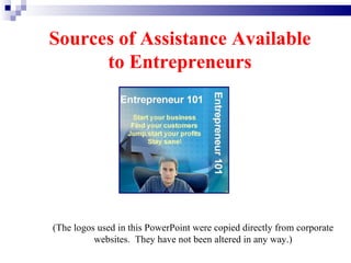 Sources of Assistance Available to Entrepreneurs (The logos used in this PowerPoint were copied directly from corporate websites.  They have not been altered in any way.) 