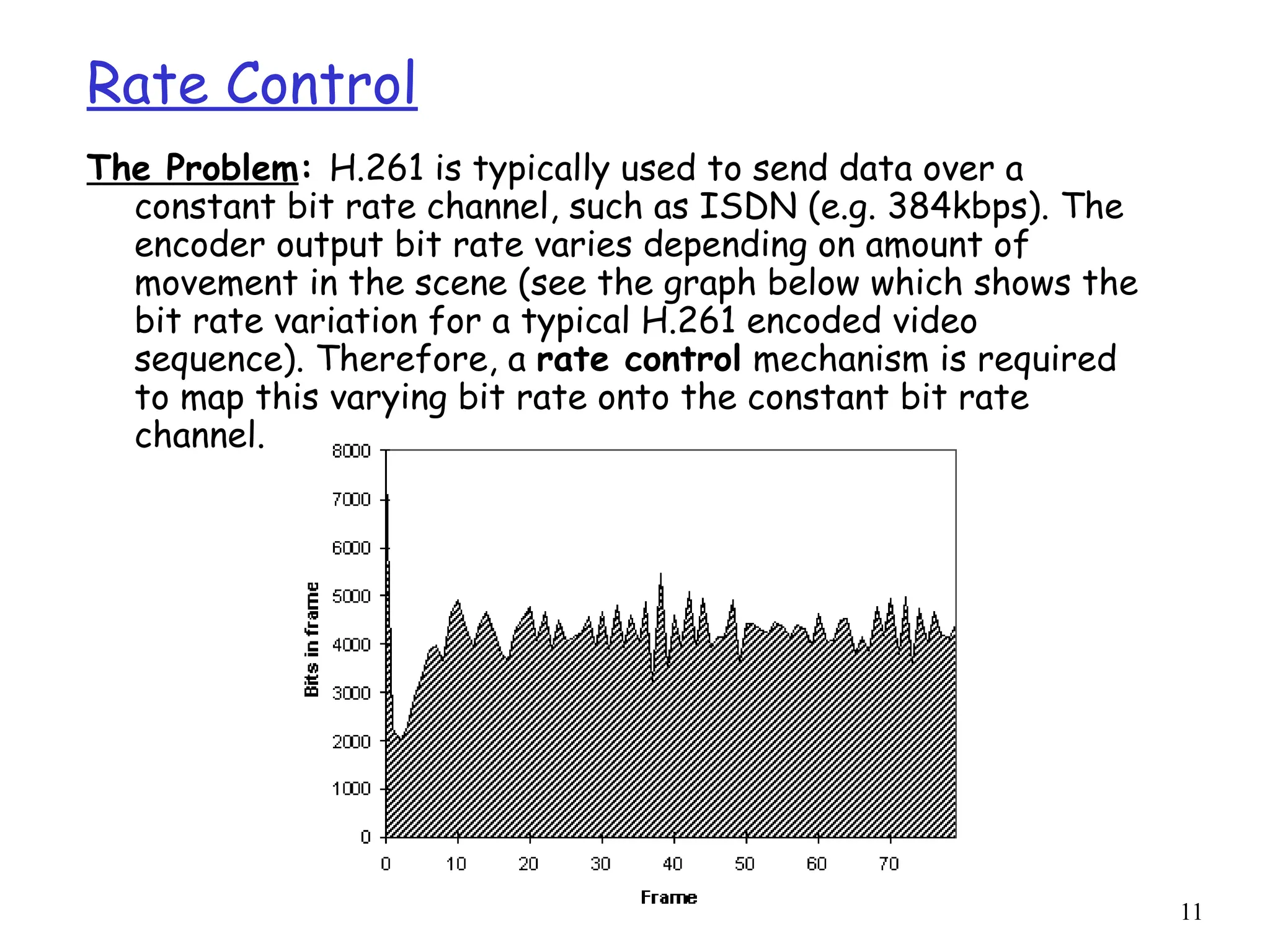 11
Rate Control
The Problem: H.261 is typically used to send data over a
constant bit rate channel, such as ISDN (e.g. 384kbps). The
encoder output bit rate varies depending on amount of
movement in the scene (see the graph below which shows the
bit rate variation for a typical H.261 encoded video
sequence). Therefore, a rate control mechanism is required
to map this varying bit rate onto the constant bit rate
channel.
 