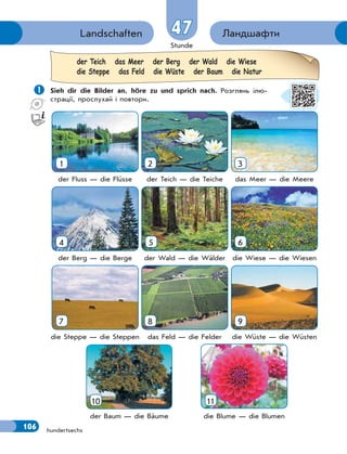 Stunde
106
ЛандшафтиLandschaften
hundertsechs
4747
 Sieh dir die Bilder an, höre zu und sprich nach. Розглянь ілю-
страції, прослухай і повтори.
1 2 3
der Fluss — die Flüsse der Teich — die Teiche das Meer — die Meere
4 5 6
der Berg — die Berge der Wald — die Wälder die Wiese — die Wiesen
7 8 9
die Steppe — die Steppen das Feld — die Felder die Wüste — die Wüsten
der Teich das Meer der Berg der Wald die Wiese
die Steppe das Feld die Wüste der Baum die Natur
1110
der Baum — die Bäume die Blume — die Blumen
 