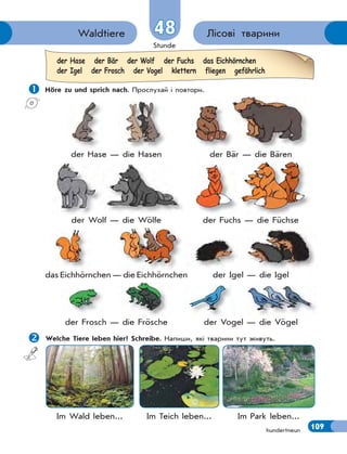 Stunde
109
Лісові твариниWaldtiere 4848
hundertneun
 Höre zu und sprich nach. Прослухай і повтори.
der Hase — die Hasen der Bär — die Bären
der Wolf — die Wölfe der Fuchs — die Füchse
das Eichhörnchen — die Eichhörnchen der Igel — die Igel
der Frosch — die Frösche der Vogel — die Vögel
Welche Tiere leben hier? Schreibe. Напиши, які тварини тут живуть.
Im Wald leben... Im Teich leben... Im Park leben...
der Hase der Bär der Wolf der Fuchs das Eichhörnchen
der Igel der Frosch der Vogel klettern fliegen gefährlich
 
