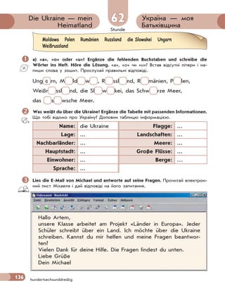 Stunde
136
Україна — моя
Батьківщина
Die Ukraine — mein
Heimatland
6262
hundertsechsunddreißig
 a) «a», «o» oder «u»? Ergänze die fehlenden Buchstaben und schreibe die
Wörter ins Heft. Höre die Lösung. «a», «o» чи «u»? Встав відсутні літери і на-
пиши слова у зошит. Прослухай правильні відповіді.
Ung a rn, M ld w , R ssl nd, R mänien, P len,
Weißr ssl nd, die Sl w kei, das Schw rze Meer,
das s wsche Meer.
 Was weißt du über die Ukraine? Ergänze die Tabelle mit passenden Informationen.
Що тобі відомо про Україну? Доповни таблицю інформацією.
Name: die Ukraine Flagge: ...
Lage: ... Landschaften: ...
Nachbarländer: ... Meere: ...
Hauptstadt: ... Große Flüsse: ...
Einwohner: ... Berge: …
Sprache: ...
 Lies die E-Mail von Michael und antworte auf seine Fragen. Прочитай електрон-
ний лист Міхаеля і дай відповіді на його запитання.
Hallo Artem,
unsere Klasse arbeitet am Projekt «Länder in Europa». Jeder
Schüler schreibt über ein Land. Ich möchte über die Ukraine
schreiben. Kannst du mir helfen und meine Fragen beantwor-
ten?
Vielen Dank für deine Hilfe. Die Fragen findest du unten.
Liebe Grüße
Dein Michael
Moldowa Polen Rumänien Russland die Slowakei Ungarn
Weißrussland
 