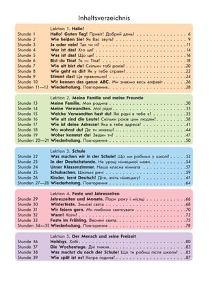 Inhaltsverzeichnis
Lektion 1. Hallo!
Stunde 1 Hallo! Guten Tag! Привіт! Добрий день! . . . . . . . . . . . . . . . 6
Stunde 2 Wie heißen Sie? Як Вас звуть? . . . . . . . . . . . . . . . . . . . . . 9
Stunde 3 Ja oder nein? Так чи ні? . . . . . . . . . . . . . . . . . . . . . . . . .11
Stunde 4 Wer ist das? Хто це? . . . . . . . . . . . . . . . . . . . . . . . . . . .14
Stunde 5 Was ist das? Що це? . . . . . . . . . . . . . . . . . . . . . . . . . . .16
Stunde 6 Bist du Tina? Ти — Тіна? . . . . . . . . . . . . . . . . . . . . . . . . .18
Stunde 7 Wie alt bist du? Скільки тобі років? . . . . . . . . . . . . . . . . . .20
Stunde 8 Wie geht es dir? Як у тебе справи? . . . . . . . . . . . . . . . . . .22
Stunde 9 Stimmt das? Це правильно? . . . . . . . . . . . . . . . . . . . . . . .24
Stunde 10 Wir kennen das ganze ABC. Ми знаємо весь алфавіт . . . . . . .26
Stunden 11—12 Wiederholung. Повторення.. . . . . . . . . . . . . . . . . . . . . . .28
Lektion 2. Meine Familie und meine Freunde
Stunde 13 Meine Familie. Моя родина . . . . . . . . . . . . . . . . . . . . . . .30
Stunde 14 Meine Verwandten. Мої рідні . . . . . . . . . . . . . . . . . . . . . .33
Stunde 15 Welche Verwandten hast du? Які рідні в тебе є? . . . . . . . . . .35
Stunde 16 Wie alt sind die Leute? Скільки років цим людям? . . . . . . . . .38
Stunde 17 Wie ist deine Adresse? Яка в тебе адреса? . . . . . . . . . . . . .41
Stunde 18 Wo wohnst du? Де ти живеш? . . . . . . . . . . . . . . . . . . . . .44
Stunde 19 Woher kommst du? Звідки ти? . . . . . . . . . . . . . . . . . . . . .47
Stunden 20—21 Wiederholung. Повторення . . . . . . . . . . . . . . . . . . . . . . .50
Lektion 3. Schule
Stunde 22 Was machen wir in der Schule? Що ми робимо у школі? . . . . .52
Stunde 23 In der Deutschstunde. На уроці німецької мови. . . . . . . . . . .54
Stunde 24 Unser Klassenzimmer. Наша класна кімната . . . . . . . . . . . . .57
Stunde 25 Schulsachen. Шкільні речі . . . . . . . . . . . . . . . . . . . . . . . .59
Stunde 26 Kinder, lernt Deutsch! Діти, вчіть німецьку! . . . . . . . . . . . . .61
Stunden 27—28 Wiederholung. Повторення . . . . . . . . . . . . . . . . . . . . . . .64
Lektion 4. Feste und Jahreszeiten
Stunde 29 Jahreszeiten und Monate. Пори року і місяці . . . . . . . . . . . .66
Stunde 30 Winterfeste. Зимові свята . . . . . . . . . . . . . . . . . . . . . . . .68
Stunde 31 Wir feiern gern. Ми любимо святкувати . . . . . . . . . . . . . . .70
Stunde 32 Wann? Коли? . . . . . . . . . . . . . . . . . . . . . . . . . . . . . . . .72
Stunde 33 Feste im Frühling. Весняні свята. . . . . . . . . . . . . . . . . . . . .75
Stunden 34—35 Wiederholung. Повторення . . . . . . . . . . . . . . . . . . . . . . .78
Lektion 5. Der Mensch und seine Freizeit
Stunde 36 Hobbys. Хобі. . . . . . . . . . . . . . . . . . . . . . . . . . . . . . . .80
Stunde 37 Die Wochentage. Дні тижня. . . . . . . . . . . . . . . . . . . . . . .83
Stunde 38 Was machst du nach der Schule? Що ти робиш після школи? . .85
Stunde 39 Wie spät ist es? Котра година? . . . . . . . . . . . . . . . . . . . . .87
 