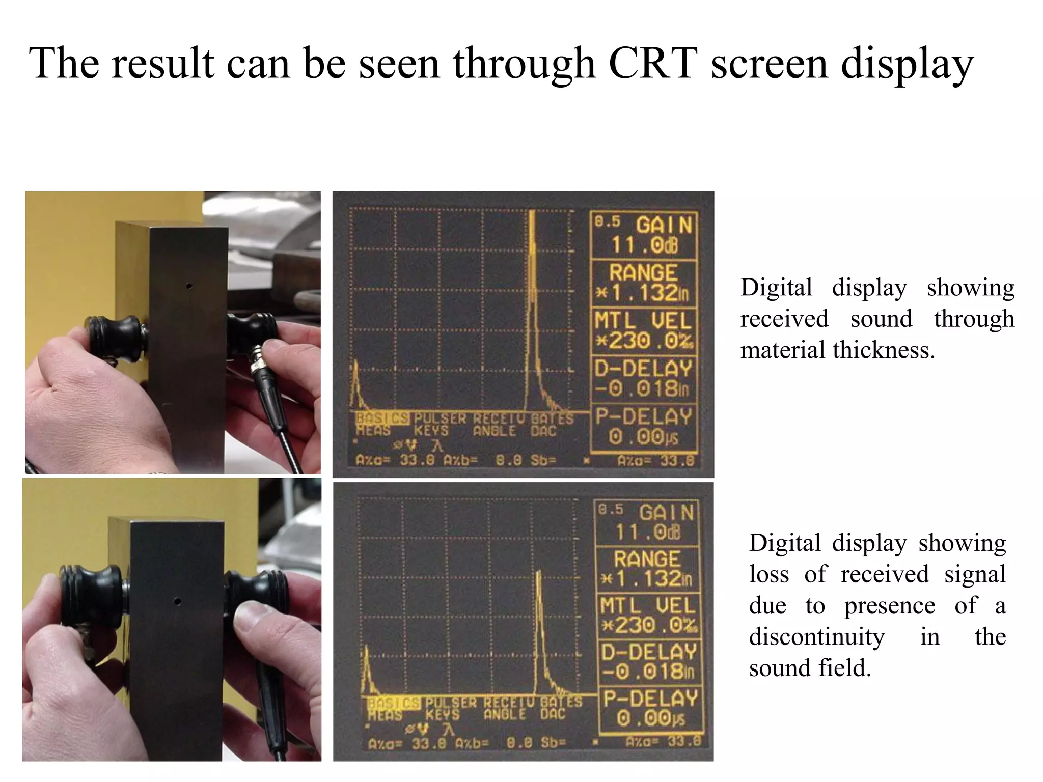 The result can be seen through CRT screen display
Digital display showing
received sound through
material thickness.
Digital display showing
loss of received signal
due to presence of a
discontinuity in the
sound field.
 