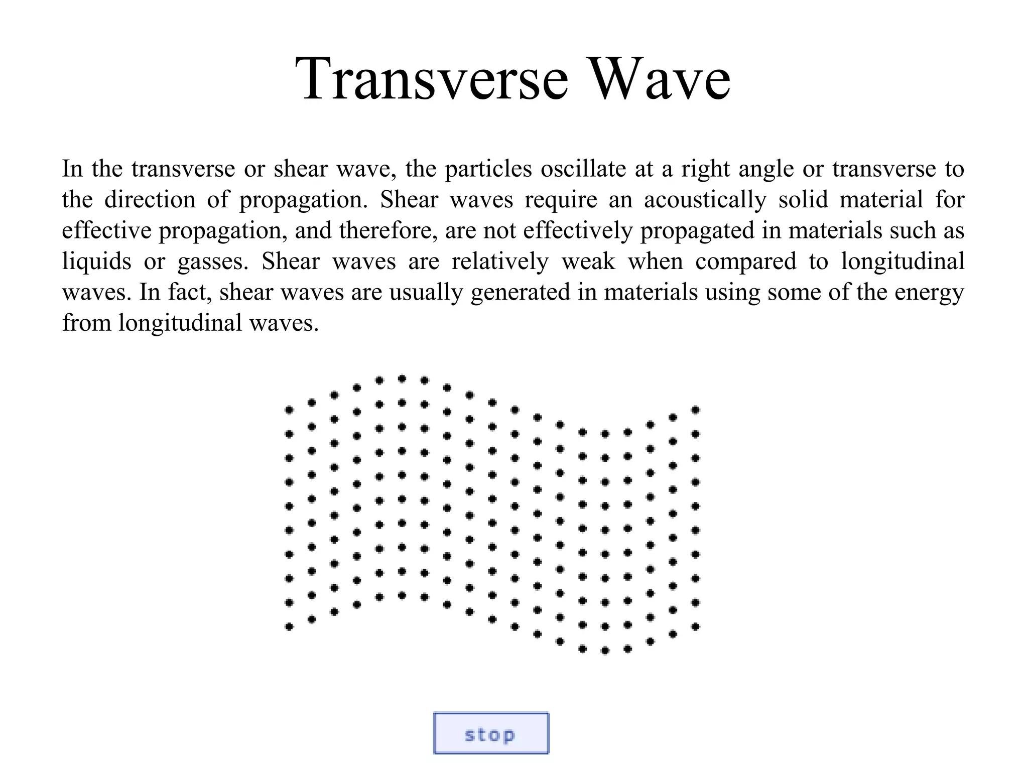 Transverse Wave
In the transverse or shear wave, the particles oscillate at a right angle or transverse to
the direction of propagation. Shear waves require an acoustically solid material for
effective propagation, and therefore, are not effectively propagated in materials such as
liquids or gasses. Shear waves are relatively weak when compared to longitudinal
waves. In fact, shear waves are usually generated in materials using some of the energy
from longitudinal waves.
 