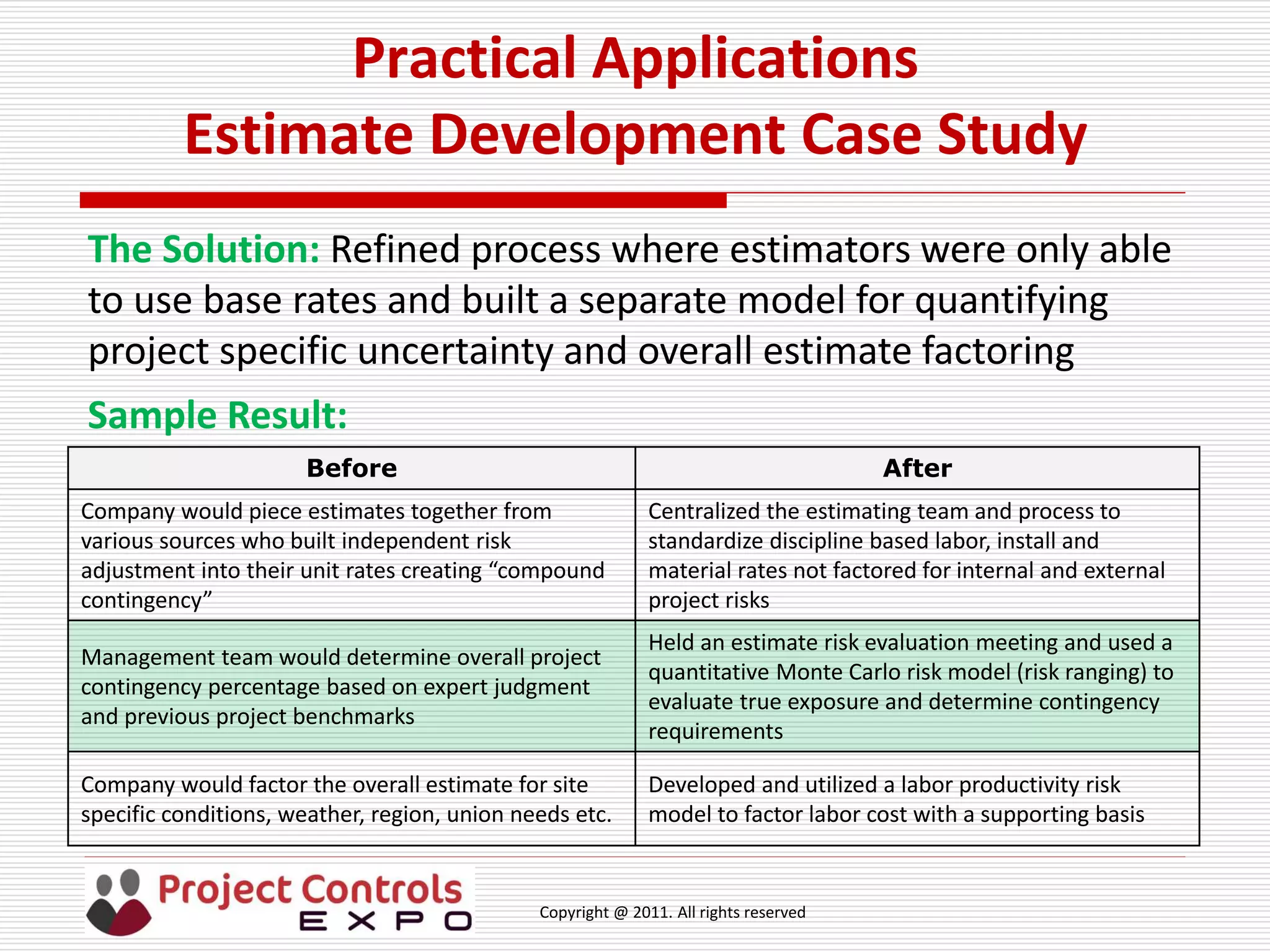 Copyright @ 2011. All rights reserved
Practical Applications
Estimate Development Case Study
The Solution: Refined process where estimators were only able
to use base rates and built a separate model for quantifying
project specific uncertainty and overall estimate factoring
Sample Result:
Before After
Company would piece estimates together from
various sources who built independent risk
adjustment into their unit rates creating “compound
contingency”
Centralized the estimating team and process to
standardize discipline based labor, install and
material rates not factored for internal and external
project risks
Management team would determine overall project
contingency percentage based on expert judgment
and previous project benchmarks
Held an estimate risk evaluation meeting and used a
quantitative Monte Carlo risk model (risk ranging) to
evaluate true exposure and determine contingency
requirements
Company would factor the overall estimate for site
specific conditions, weather, region, union needs etc.
Developed and utilized a labor productivity risk
model to factor labor cost with a supporting basis
 