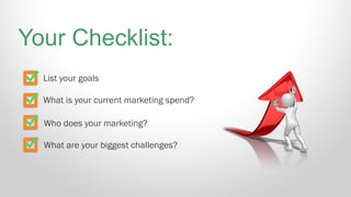 List your goals
What is your current marketing spend?
Who does your marketing?
What are your biggest challenges?
Your Checklist:
 