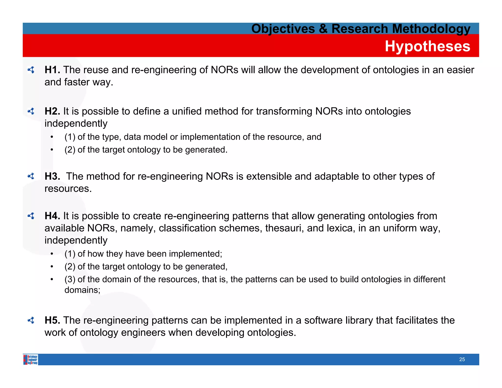 Objectives & Research Methodology
                                                                                          Hypotheses
H1 The reuse and re engineering of NORs will allow the development of ontologies in an easier
H1.              re-engineering
and faster way.

H2. It is possible to define a unified method for transforming NORs into ontologies
independently
i d       d tl
 •   (1) of the type, data model or implementation of the resource, and
 •   (2) of the target ontology to be generated.


H3. The method for re-engineering NORs is extensible and adaptable to other types of
resources.

H4. It is possible to create re-engineering patterns that allow generating ontologies from
                             re engineering
available NORs, namely, classification schemes, thesauri, and lexica, in an uniform way,
independently
 •   (1) of how they have been implemented;
 •   (2) of the target ontology to be generated
                                      generated,
 •   (3) of the domain of the resources, that is, the patterns can be used to build ontologies in different
     domains;


H5. The re-engineering patterns can be implemented in a software library that facilitates the
work of ontology engineers when developing ontologies.

                                                                                                              25
 