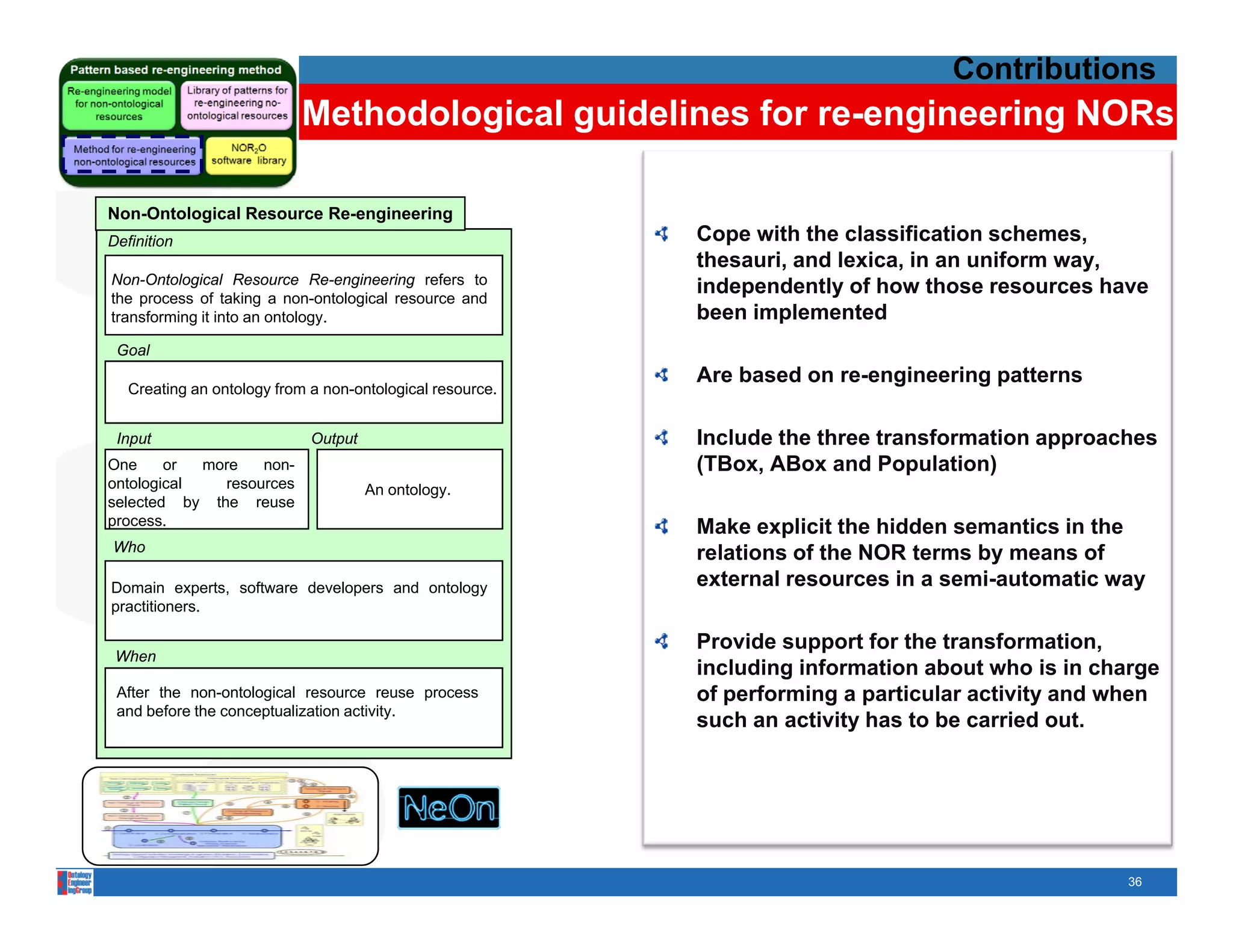 Contributions
                           Methodological guidelines for re-engineering NORs

Non-Ontological Resource Re-engineering
Definition                                                 Cope with the classification schemes,
                                                           thesauri, and lexica, in an uniform way,
Non-Ontological Resource Re-engineering refers to
the process of taking a non ontological resource and
                          non-ontological
                                                           independently of how those resources have
                                                               p        y
transforming it into an ontology.                          been implemented
 Goal
                                                           Are based on re-engineering patterns
   Creating an ontology from a non-ontological resource.


 Input                       Output                        Include the three transformation approaches
One     or  more   non-                                    (TBox, ABox and Population)
ontological   resources               An ontology.
selected by the reuse
process.                                                   Make explicit the hidden semantics in the
                                                                   p
Who                                                        relations of the NOR terms by means of
Domain experts, software developers and ontology           external resources in a semi-automatic way
practitioners.

                                                           Provide support for the transformation,
 When
                                                           including information about who is in charge
 After the non-ontological resource reuse process          of performing a particular activity and when
 and before the conceptualization activity.
                                                           such an activity has to be carried out.




                                                                                                    36
 