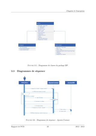 Chapitre 3. Conception
Figure 3.5  Diagramme de classes du package SIP
3.3 Diagrammes de séquence
Figure 3.6  Diagramme de séquence - Ajouter Contact
Rapport de PCD 23 2012 - 2013
 