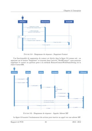 Chapitre 3. Conception
Figure 3.8  Diagramme de séquence - Supprimer Contact
Une fonctionnalité de suppression de contact est décrite dans la gure 3.8 comme suit : en
appuyant sur le bouton Supprimer se trouvant dans l'activité ModifContact, nous pourrons
supprimer le contact en question grâce à la méthode RemoveContactWithName(String) de la
classe ContactDB.
Figure 3.9  Diagramme de séquence - Appeler Adresse SIP
La gure 3.9 montre l'enchaînement des actions pour émettre un appel vers une adresse SIP.
Rapport de PCD 25 2012 - 2013
 