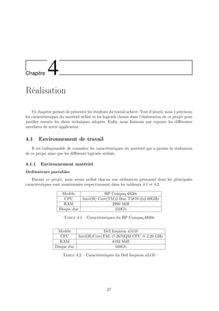Chapitre 4
Réalisation
Ce chapitre permet de présenter les résultats du travail achevé. Tout d'abord, nous y précisons
les caractéristiques du matériel utilisé et les logiciels choisis dans l'élaboration de ce projet pour
justier ensuite les choix techniques adoptés. Enn, nous nissons par exposer les diérentes
interfaces de notre application.
4.1 Environnement de travail
Il est indispensable de connaître les caractéristiques du matériel qui a permis la réalisation
de ce projet ainsi que les diérents logiciels utilisés.
4.1.1 Environnement matériel
Ordinateurs portables
Durant ce projet, nous avons utilisé chacun son ordinateur personnel dont les principales
caractérstiques sont mentionnées respectivement dans les tableaux 4.1 et 4.2.
Modèle HP Compaq 6830s
CPU Intel(R) Core(TM)2 Duo T5870 2x2.00GHz
RAM 2990 MiB
Disque dur 250Gb
Table 4.1  Caractéristiques du HP Compaq 6830s
Modèle Dell Inspiron n5110
CPU Intel(R)Core(TM) i7-2670QM CPU @ 2.20 GHz
RAM 8192 MiB
Disque dur 500Gb
Table 4.2  Caractéristiques du Dell Inspiron n5110
27
 