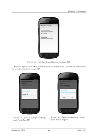 Chapitre 4. Réalisation
Figure 4.6  Interface de modication du compte SIP
Les deux gures 4.7 et 4.8 montrent les boites de dialogues qui s'ouvrent lors de l'insertion
des nouvelles valeurs du compte SIP.
Figure 4.7  Boite de dialogue de change-
ment d'identiant SIP
Figure 4.8  Boite de dialogue de change-
ment de mot de passe
Rapport de PCD 33 2012 - 2013
 