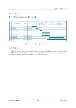 Chapitre 4. Réalisation
Gestion du compte
4.4 Chronogramme du travail
Figure 4.24  Chronogramme du travail
Conclusion
Dans ce chapitre, nous avons décrit l'environnement de travail. Ensuite, nous avons argumenté
les diérents choix technologiques que nous avons pris. En dernier lieu, nous avons pris quelques
captures d'écran des principales interfaces de notre application.
Rapport de PCD 40 2012 - 2013
 