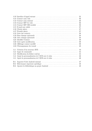 4.10 Interface d'appel entrant . . . . . . . . . . . . . . . . . . . . . . . . . . . . . . . . 35
4.11 Contact nom vide . . . . . . . . . . . . . . . . . . . . . . . . . . . . . . . . . . . . 36
4.12 Contact nom existant . . . . . . . . . . . . . . . . . . . . . . . . . . . . . . . . . 36
4.13 Contact SIP Uri vide . . . . . . . . . . . . . . . . . . . . . . . . . . . . . . . . . . 36
4.14 Contact SIP URI invalide . . . . . . . . . . . . . . . . . . . . . . . . . . . . . . . 36
4.15 E-mail non valide . . . . . . . . . . . . . . . . . . . . . . . . . . . . . . . . . . . . 37
4.16 Choisir photo . . . . . . . . . . . . . . . . . . . . . . . . . . . . . . . . . . . . . . 37
4.17 Prendre photo . . . . . . . . . . . . . . . . . . . . . . . . . . . . . . . . . . . . . . 37
4.18 Liste des contacts . . . . . . . . . . . . . . . . . . . . . . . . . . . . . . . . . . . . 38
4.19 Sans champs optionnels . . . . . . . . . . . . . . . . . . . . . . . . . . . . . . . . 38
4.20 Avec champs optionnels . . . . . . . . . . . . . . . . . . . . . . . . . . . . . . . . 38
4.21 Modier Contact . . . . . . . . . . . . . . . . . . . . . . . . . . . . . . . . . . . . 39
4.22 Liste après modication . . . . . . . . . . . . . . . . . . . . . . . . . . . . . . . . 39
4.23 Achage contact modié . . . . . . . . . . . . . . . . . . . . . . . . . . . . . . . 39
4.24 Chronogramme du travail . . . . . . . . . . . . . . . . . . . . . . . . . . . . . . . 40
A.1 Création d'un nouveau AVD . . . . . . . . . . . . . . . . . . . . . . . . . . . . . . 44
A.2 Ligne de commande . . . . . . . . . . . . . . . . . . . . . . . . . . . . . . . . . . 45
A.3 Modication du chier conf.ini . . . . . . . . . . . . . . . . . . . . . . . . . . . . 45
A.4 Avant la personnalisation de l'AVD avec le skin . . . . . . . . . . . . . . . . . . . 46
A.5 Après la personnalisation de l'AVD avec le skin . . . . . . . . . . . . . . . . . . . 46
B.1 Importer Code Android existant . . . . . . . . . . . . . . . . . . . . . . . . . . . 47
B.2 Sélectionner répertoire spécique . . . . . . . . . . . . . . . . . . . . . . . . . . . 48
B.3 Ajouter la bibliothèque au projet Android . . . . . . . . . . . . . . . . . . . . . . 48
 