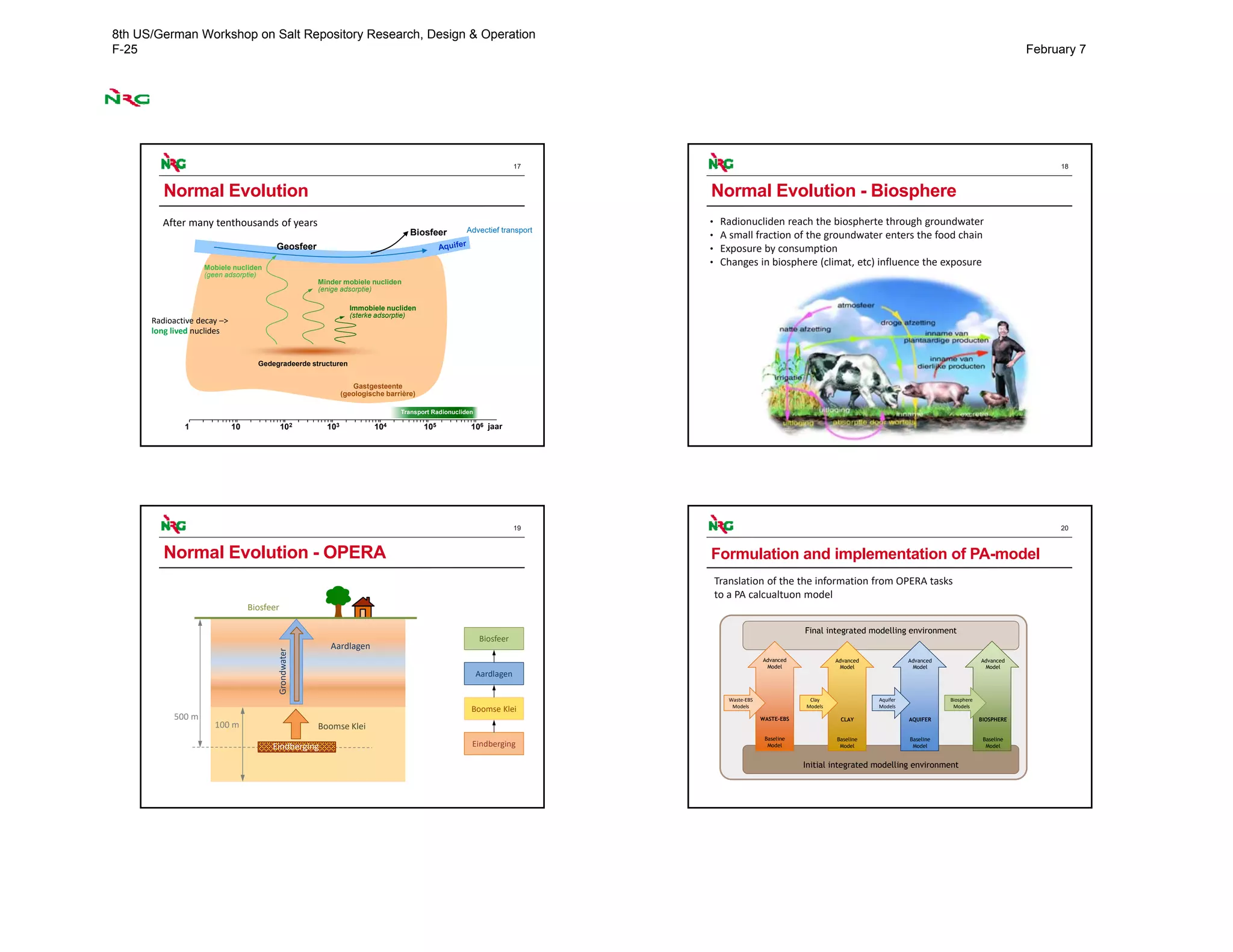 17
Biosfeer
Gedegradeerde structuren
Geosfeer
1 10 102 103 104 105 106 years
Gastgesteente
(geologische barrière)
jaar
Mobiele nucliden
(geen adsorptie)
Immobiele nucliden
(sterke adsorptie)
Minder mobiele nucliden
(enige adsorptie)
Transport Radionucliden
Normal Evolution
After many tenthousands of years
Radioactive decay –> 
long lived nuclides
Advectief transport
18
Normal Evolution - Biosphere
• Radionucliden reach the biospherte through groundwater
• A small fraction of the groundwater enters the food chain
• Exposure by consumption
• Changes in biosphere (climat, etc) influence the exposure
19
Normal Evolution - OPERA
Eindberging
Boomse Klei
Aardlagen
Biosfeer
Boomse Klei100 m
500 m
Aardlagen
Biosfeer
Eindberging
Grondwater
20
Formulation and implementation of PA-model
Translation of the the information from OPERA tasks 
to a PA calcualtuon model
Final integrated modelling environment
Initial integrated modelling environment
Advanced
Model
WASTE-EBS
Baseline
Model
Advanced
Model
CLAY
Baseline
Model
Advanced
Model
AQUIFER
Baseline
Model
Advanced
Model
BIOSPHERE
Baseline
Model
Clay
Models
Waste‐EBS
Models
Aquifer
Models
Biosphere
Models
8th US/German Workshop on Salt Repository Research, Design & Operation
F-25 February 7
 