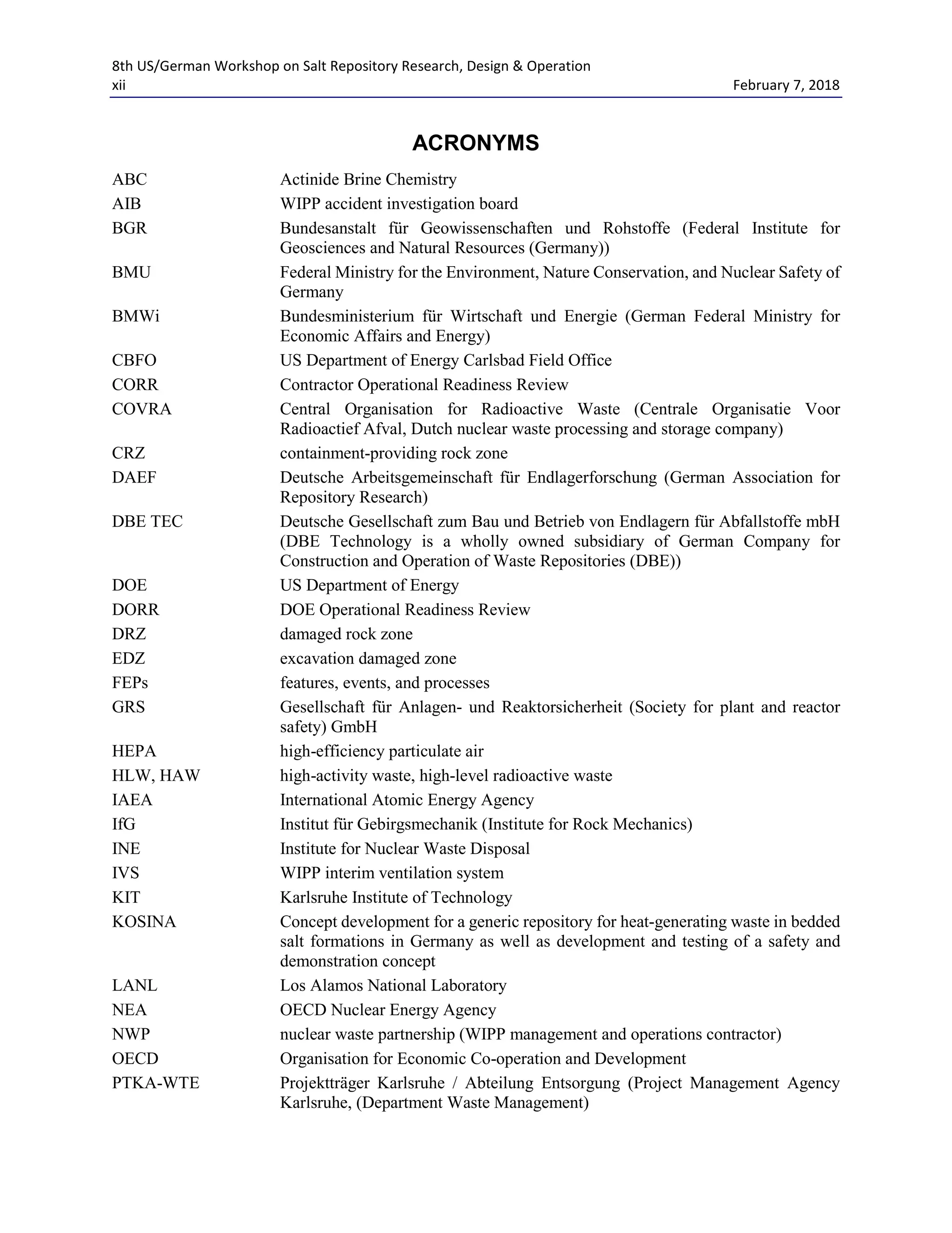 8th US/German Workshop on Salt Repository Research, Design & Operation
xii February 7, 2018
ACRONYMS
ABC Actinide Brine Chemistry
AIB WIPP accident investigation board
BGR Bundesanstalt für Geowissenschaften und Rohstoffe (Federal Institute for
Geosciences and Natural Resources (Germany))
BMU Federal Ministry for the Environment, Nature Conservation, and Nuclear Safety of
Germany
BMWi Bundesministerium für Wirtschaft und Energie (German Federal Ministry for
Economic Affairs and Energy)
CBFO US Department of Energy Carlsbad Field Office
CORR Contractor Operational Readiness Review
COVRA Central Organisation for Radioactive Waste (Centrale Organisatie Voor
Radioactief Afval, Dutch nuclear waste processing and storage company)
CRZ containment-providing rock zone
DAEF Deutsche Arbeitsgemeinschaft für Endlagerforschung (German Association for
Repository Research)
DBE TEC Deutsche Gesellschaft zum Bau und Betrieb von Endlagern für Abfallstoffe mbH
(DBE Technology is a wholly owned subsidiary of German Company for
Construction and Operation of Waste Repositories (DBE))
DOE US Department of Energy
DORR DOE Operational Readiness Review
DRZ damaged rock zone
EDZ excavation damaged zone
FEPs features, events, and processes
GRS Gesellschaft für Anlagen- und Reaktorsicherheit (Society for plant and reactor
safety) GmbH
HEPA high-efficiency particulate air
HLW, HAW high-activity waste, high-level radioactive waste
IAEA International Atomic Energy Agency
IfG Institut für Gebirgsmechanik (Institute for Rock Mechanics)
INE Institute for Nuclear Waste Disposal
IVS WIPP interim ventilation system
KIT Karlsruhe Institute of Technology
KOSINA Concept development for a generic repository for heat-generating waste in bedded
salt formations in Germany as well as development and testing of a safety and
demonstration concept
LANL Los Alamos National Laboratory
NEA OECD Nuclear Energy Agency
NWP nuclear waste partnership (WIPP management and operations contractor)
OECD Organisation for Economic Co-operation and Development
PTKA-WTE Projektträger Karlsruhe / Abteilung Entsorgung (Project Management Agency
Karlsruhe, (Department Waste Management)
 