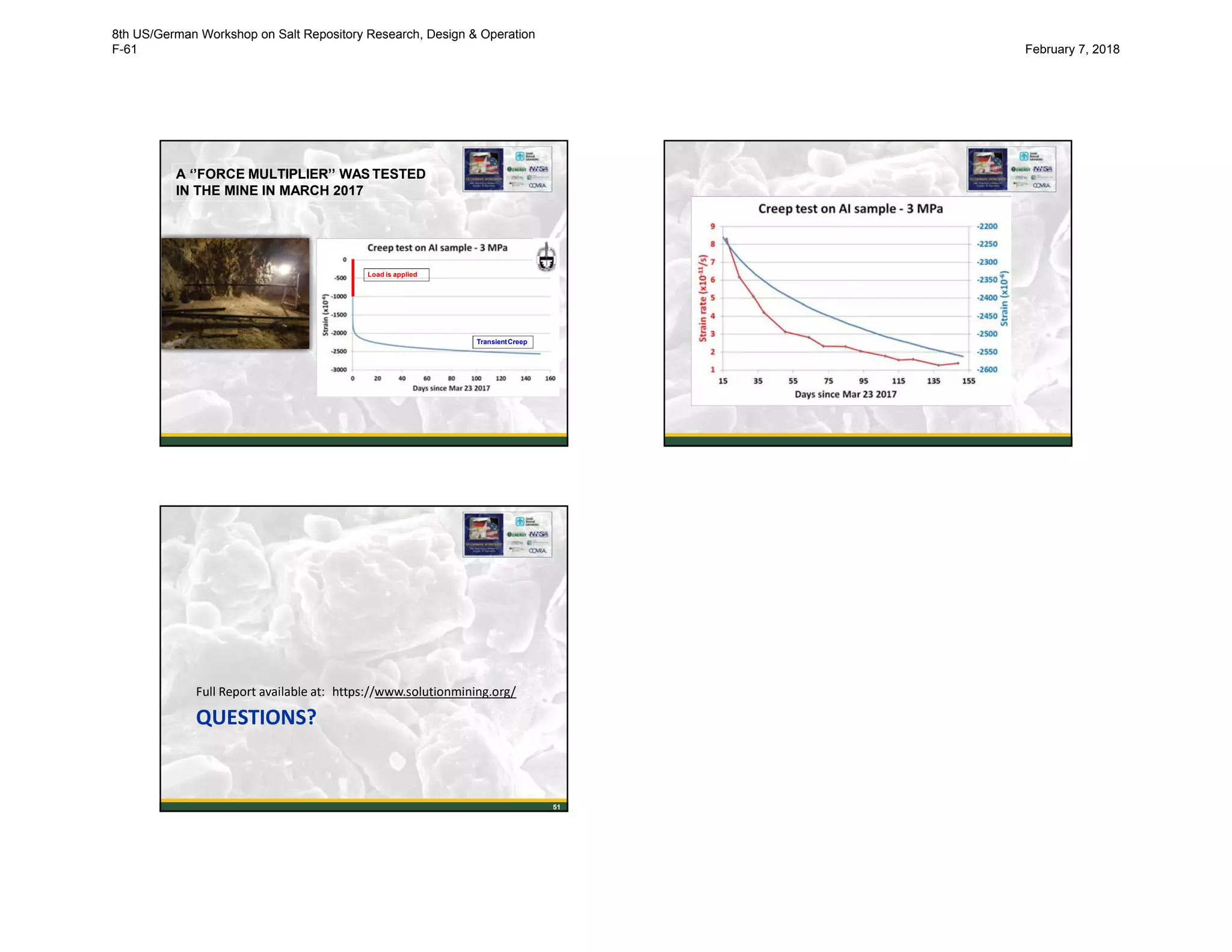 A ‘’FORCE MULTIPLIER’’ WAS TESTED
IN THE MINE IN MARCH 2017
TransientCreep
Load is applied
TransientCreep
49 50
Full Report available at: https://www.solutionmining.org/
QUESTIONS?
51
8th US/German Workshop on Salt Repository Research, Design & Operation
F-61 February 7, 2018
 