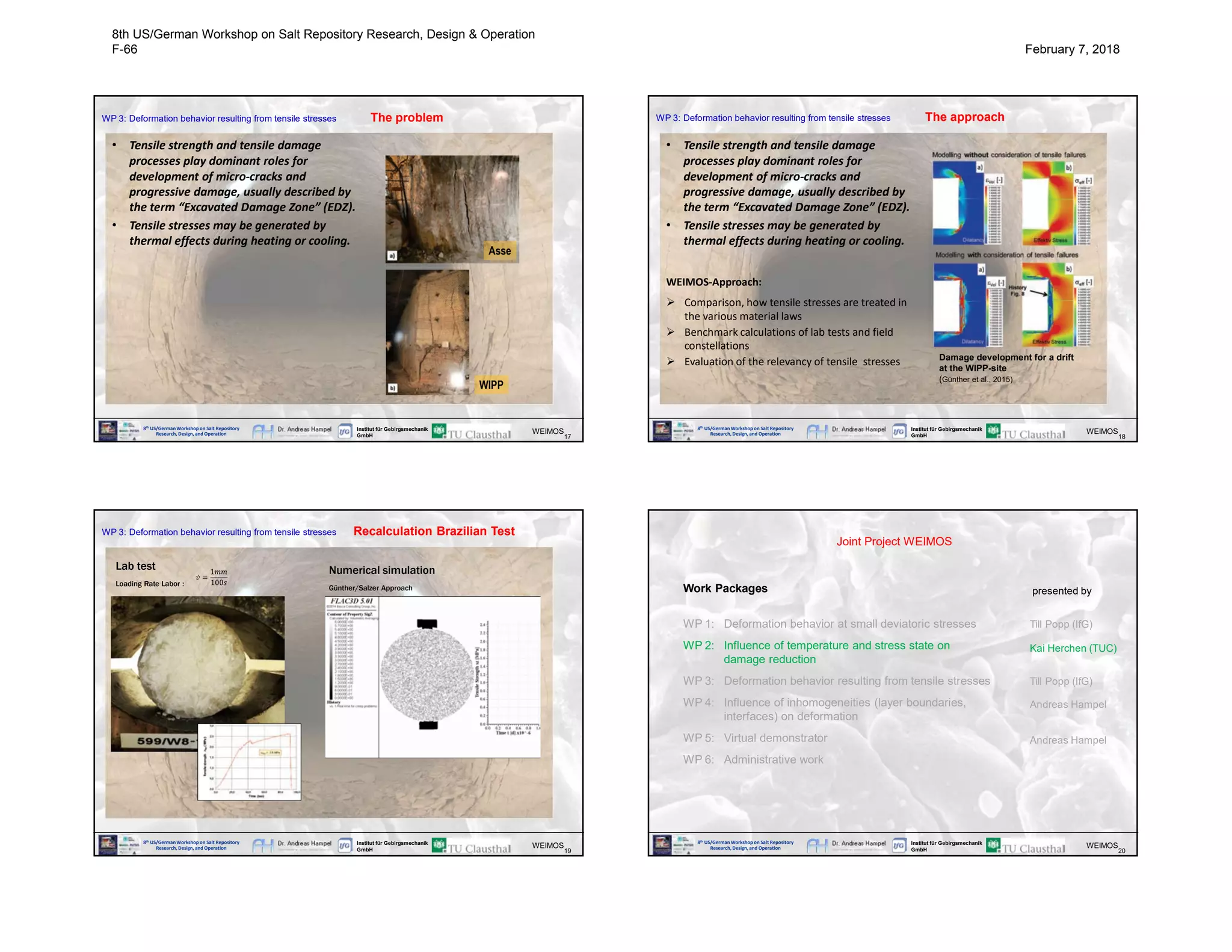 8th US/GermanWorkshop on Salt Repository
Research, Design, and Operation
Institut für Gebirgsmechanik
GmbH 17
WEIMOS
WP 3: Deformation behavior resulting from tensile stresses The problem
• Tensile strength and tensile damage
processes play dominant roles for
development of micro-cracks and
progressive damage, usually described by
the term “Excavated Damage Zone” (EDZ).
• Tensile stresses may be generated by
thermal effects during heating or cooling.
Asse
WIPP
8th US/GermanWorkshop on Salt Repository
Research, Design, and Operation
Institut für Gebirgsmechanik
GmbH 18
WEIMOS
WP 3: Deformation behavior resulting from tensile stresses The approach
• Tensile strength and tensile damage
processes play dominant roles for
development of micro-cracks and
progressive damage, usually described by
the term “Excavated Damage Zone” (EDZ).
• Tensile stresses may be generated by
thermal effects during heating or cooling.
WEIMOS-Approach:
 Comparison, how tensile stresses are treated in
the various material laws
 Benchmark calculations of lab tests and field
constellations
 Evaluation of the relevancy of tensile stresses Damage development for a drift
at the WIPP-site
(Günther et al., 2015)
8th US/GermanWorkshop on Salt Repository
Research, Design, and Operation
Institut für Gebirgsmechanik
GmbH 19
WEIMOS
WP 3: Deformation behavior resulting from tensile stresses Recalculation Brazilian Test
Lab test
Loading Rate Labor :
1
100
Numerical simulation
Günther/Salzer Approach
8th US/GermanWorkshop on Salt Repository
Research, Design, and Operation
Institut für Gebirgsmechanik
GmbH 20
WEIMOS
Joint Project WEIMOS
Work Packages
WP 1: Deformation behavior at small deviatoric stresses
WP 2: Influence of temperature and stress state on
damage reduction
WP 3: Deformation behavior resulting from tensile stresses
WP 4: Influence of inhomogeneities (layer boundaries,
interfaces) on deformation
WP 5: Virtual demonstrator
WP 6: Administrative work
Till Popp (IfG)
Kai Herchen (TUC)
Andreas Hampel
presented by
Andreas Hampel
Till Popp (IfG)
8th US/German Workshop on Salt Repository Research, Design & Operation
F-66 February 7, 2018
 