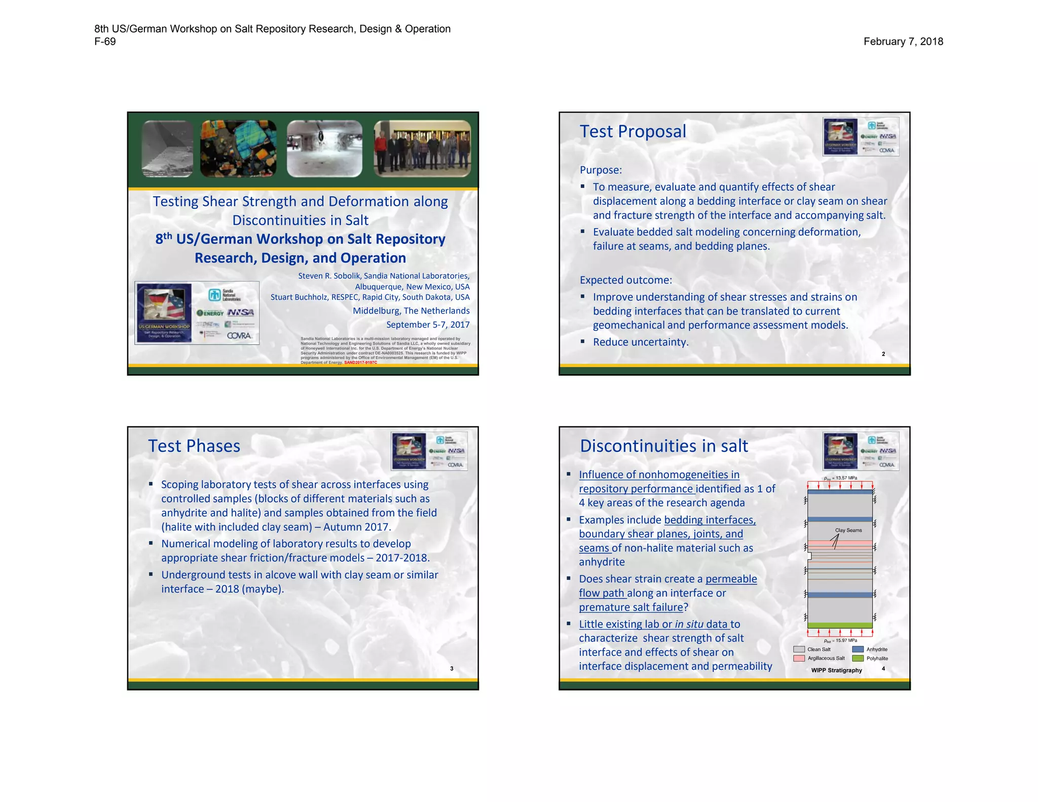 Testing Shear Strength and Deformation along
Discontinuities in Salt
8th US/German Workshop on Salt Repository
Research, Design, and Operation
Steven R. Sobolik, Sandia National Laboratories,
Albuquerque, New Mexico, USA
Stuart Buchholz, RESPEC, Rapid City, South Dakota, USA
Middelburg, The Netherlands
September 5-7, 2017
Sandia National Laboratories is a multi-mission laboratory managed and operated by
National Technology and Engineering Solutions of Sandia LLC, a wholly owned subsidiary
of Honeywell International Inc. for the U.S. Department of Energy’s National Nuclear
Security Administration under contract DE-NA0003525. This research is funded by WIPP
programs administered by the Office of Environmental Management (EM) of the U.S.
Department of Energy. SAND2017-9197C
Test Proposal
Purpose:
 To measure, evaluate and quantify effects of shear
displacement along a bedding interface or clay seam on shear
and fracture strength of the interface and accompanying salt.
 Evaluate bedded salt modeling concerning deformation,
failure at seams, and bedding planes.
Expected outcome:
 Improve understanding of shear stresses and strains on
bedding interfaces that can be translated to current
geomechanical and performance assessment models.
 Reduce uncertainty.
2
Test Phases
 Scoping laboratory tests of shear across interfaces using
controlled samples (blocks of different materials such as
anhydrite and halite) and samples obtained from the field
(halite with included clay seam) – Autumn 2017.
 Numerical modeling of laboratory results to develop
appropriate shear friction/fracture models – 2017-2018.
 Underground tests in alcove wall with clay seam or similar
interface – 2018 (maybe).
3
Discontinuities in salt
 Influence of nonhomogeneities in
repository performance identified as 1 of
4 key areas of the research agenda
 Examples include bedding interfaces,
boundary shear planes, joints, and
seams of non-halite material such as
anhydrite
 Does shear strain create a permeable
flow path along an interface or
premature salt failure?
 Little existing lab or in situ data to
characterize shear strength of salt
interface and effects of shear on
interface displacement and permeability 4WIPP Stratigraphy
8th US/German Workshop on Salt Repository Research, Design & Operation
F-69 February 7, 2018
 