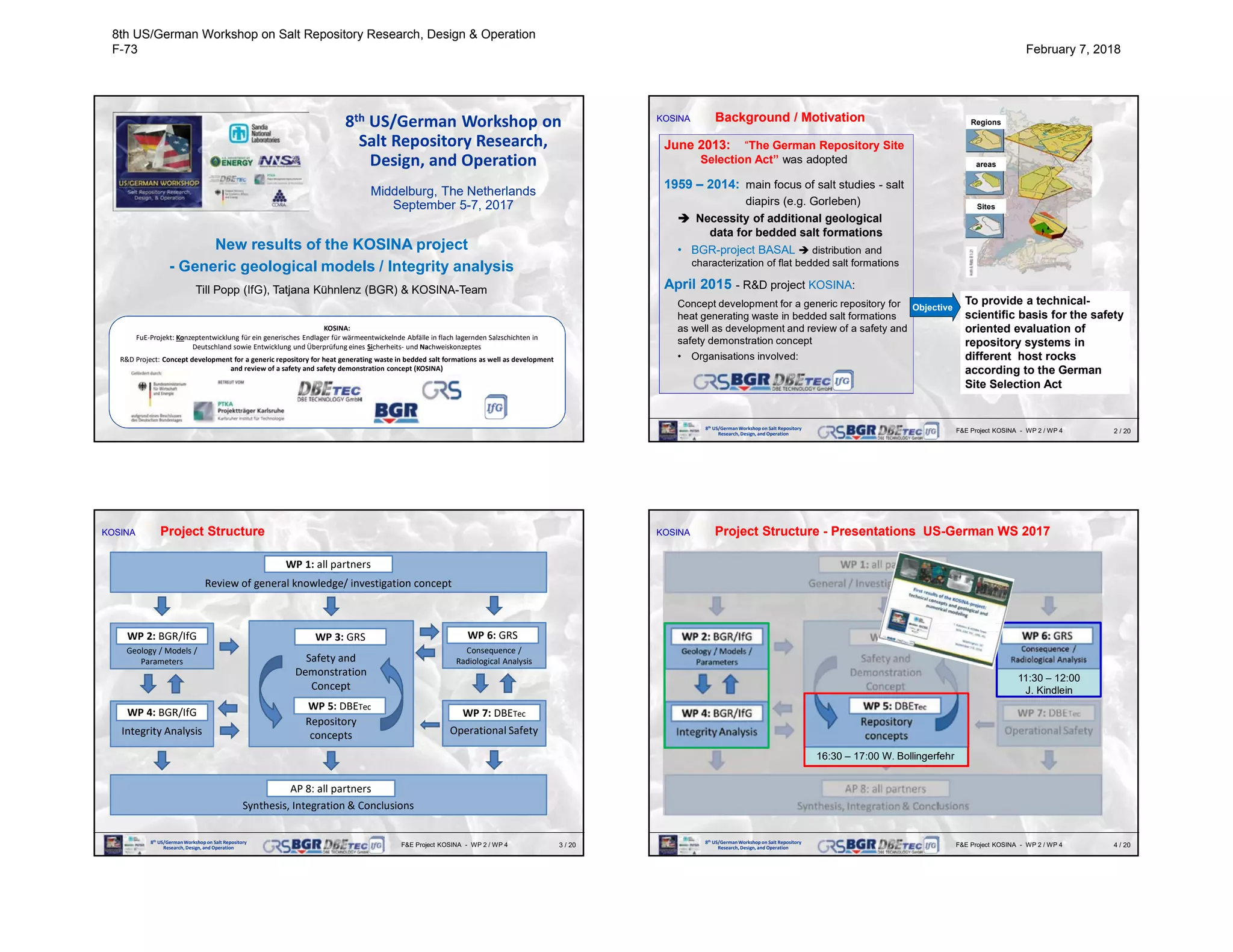 8th US/German Workshop on
Salt Repository Research,
Design, and Operation
Middelburg, The Netherlands
September 5-7, 2017
KOSINA:
FuE-Projekt: Konzeptentwicklung für ein generisches Endlager für wärmeentwickelnde Abfälle in flach lagernden Salzschichten in
Deutschland sowie Entwicklung und Überprüfung eines Sicherheits- und Nachweiskonzeptes
R&D Project: Concept development for a generic repository for heat generating waste in bedded salt formations as well as development
and review of a safety and safety demonstration concept (KOSINA)
New results of the KOSINA project
- Generic geological models / Integrity analysis
Till Popp (IfG), Tatjana Kühnlenz (BGR) & KOSINA-Team
2 / 20F&E Project KOSINA - WP 2 / WP 48th US/GermanWorkshop on Salt Repository
Research, Design, and Operation
KOSINA Background / Motivation
June 2013: “The German Repository Site
Selection Act” was adopted
1959 – 2014: main focus of salt studies - salt
diapirs (e.g. Gorleben)
 Necessity of additional geological
data for bedded salt formations
• BGR-project BASAL  distribution and
characterization of flat bedded salt formations
April 2015 - R&D project KOSINA:
Concept development for a generic repository for
heat generating waste in bedded salt formations
as well as development and review of a safety and
safety demonstration concept
• Organisations involved:
To provide a technical-
scientific basis for the safety
oriented evaluation of
repository systems in
different host rocks
according to the German
Site Selection Act
Regions
areas
Sites
Objective
3 / 20F&E Project KOSINA - WP 2 / WP 48th US/GermanWorkshop on Salt Repository
Research, Design, and Operation
KOSINA Project Structure
AP 2:
Geology / Models /
Parameters
AP 3:
Integrity Analysis
Safety and
Demonstration
Concept
Repository
concepts
WP 3: GRS
WP 5: DBETec
WP 2: BGR/IfG
WP 4: BGR/IfG
AP 7:
Synthesis, Integration & Conclusions
AP 8: all partners
AP 1:
Review of general knowledge/ investigation concept
WP 1: all partners
AP 2:
Consequence /
Radiological Analysis
AP 3:
Operational Safety
WP 6: GRS
WP 7: DBETec
4 / 20F&E Project KOSINA - WP 2 / WP 48th US/GermanWorkshop on Salt Repository
Research, Design, and Operation
KOSINA Project Structure - Presentations US-German WS 2017
16:30 – 17:00 W. Bollingerfehr
11:30 – 12:00
J. Kindlein
8th US/German Workshop on Salt Repository Research, Design & Operation
F-73 February 7, 2018
 